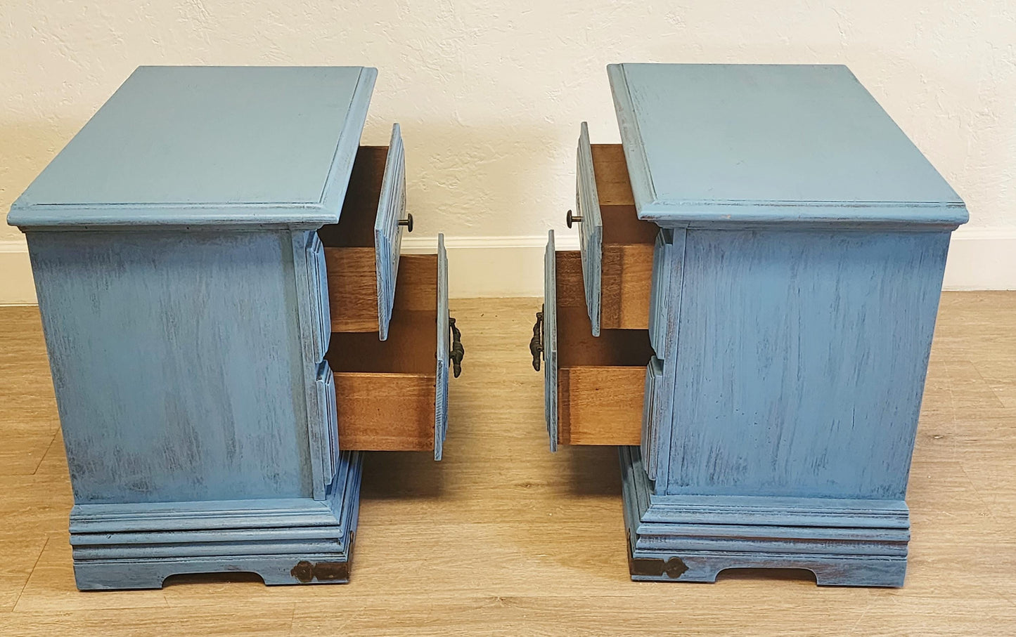 Rustic Blue Pair Nightstands-Farmhouse Shabby Painted End Tables-Primitive Painted Aged 2 Drawer Chest Set