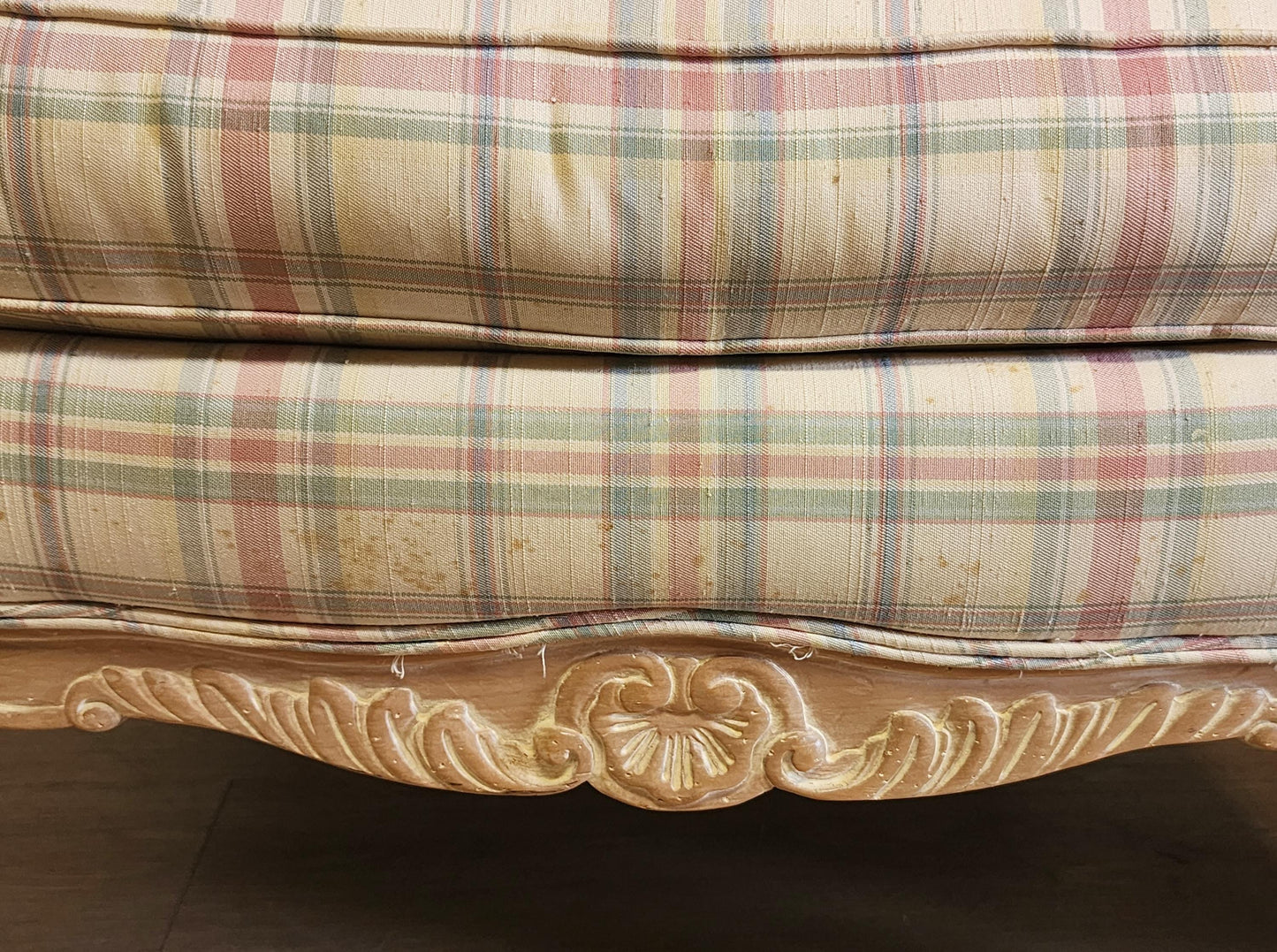 Pair Vintage Sherrill French Country Style Bergere Chairs-Carved Washed Wood Armchairs-For Reupholstering