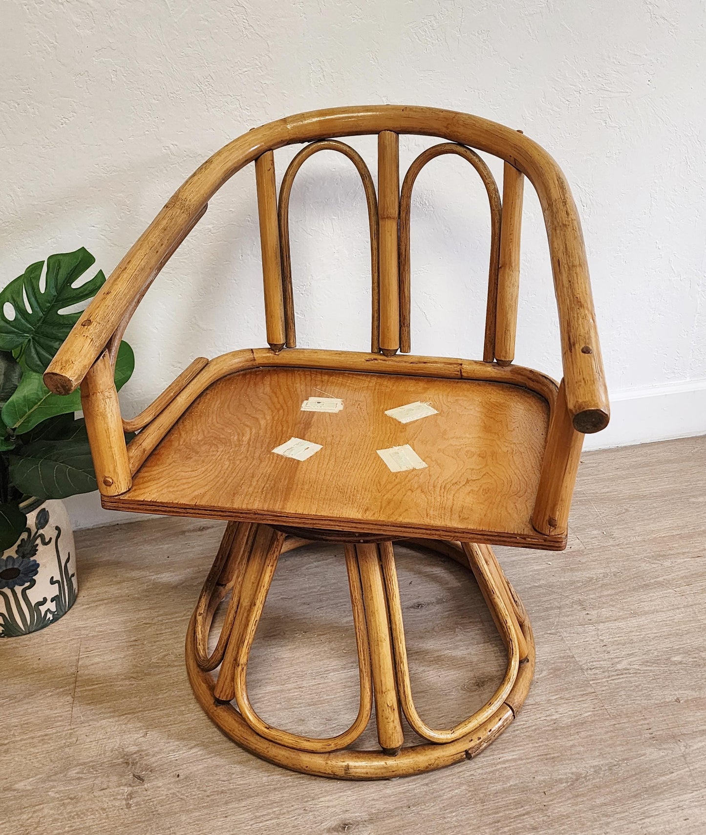 Vintage Tiki Rattan Swivel Chairs-Pair Bent Rattan Coastal Side Chairs-Boho Retro Bentwood Seats