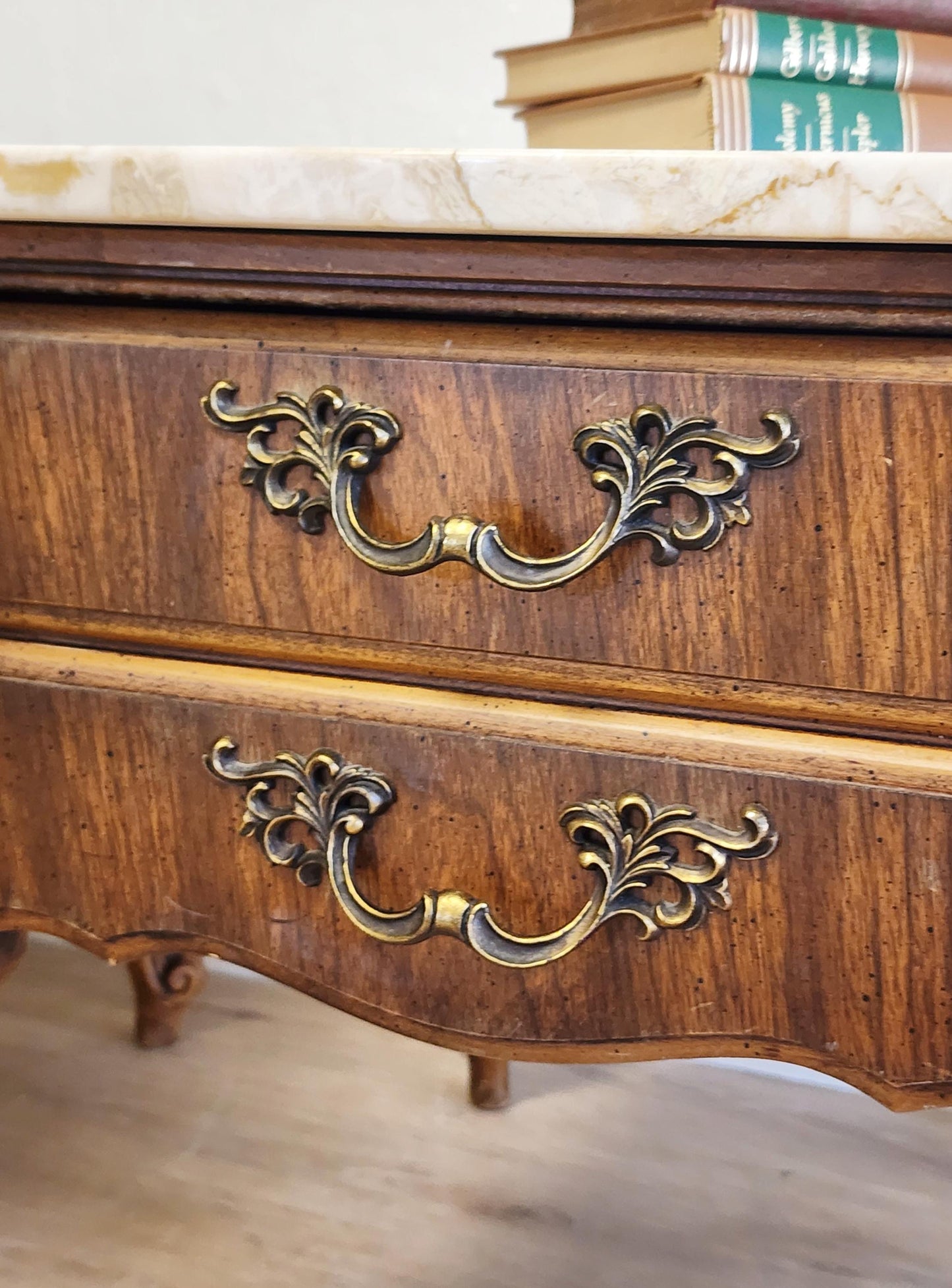 Pair French Provincial Marble Top Carved End Tables or Nightstands, French Style Vintage Portuguese Stone Top Pair Tables