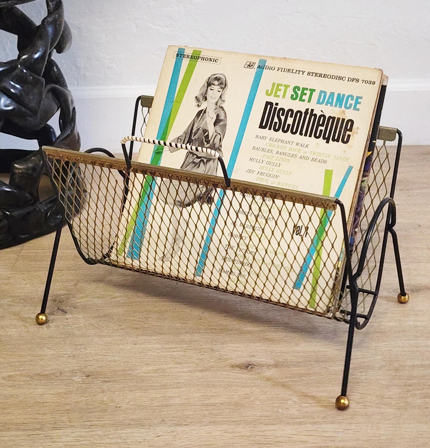 Vintage Gold Mesh Magazine Rack-MCM Black Gilt Wire Ball Foot Floor Basket-Retro Vinyl Album Storage Holder