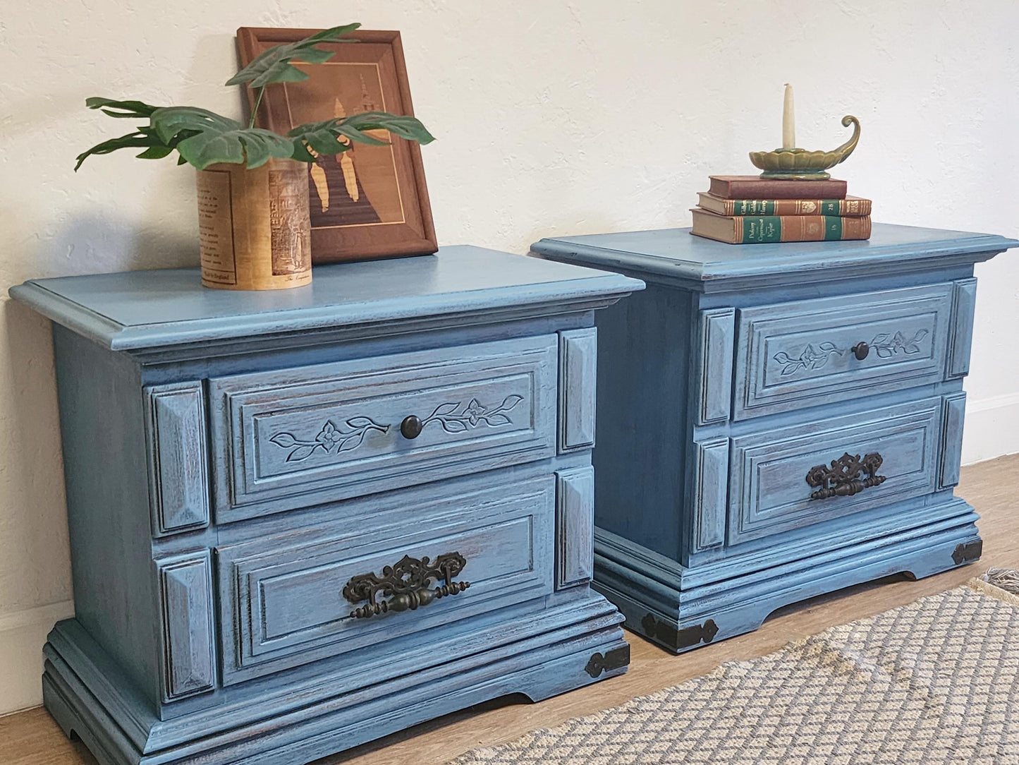Rustic Blue Pair Nightstands-Farmhouse Shabby Painted End Tables-Primitive Painted Aged 2 Drawer Chest Set