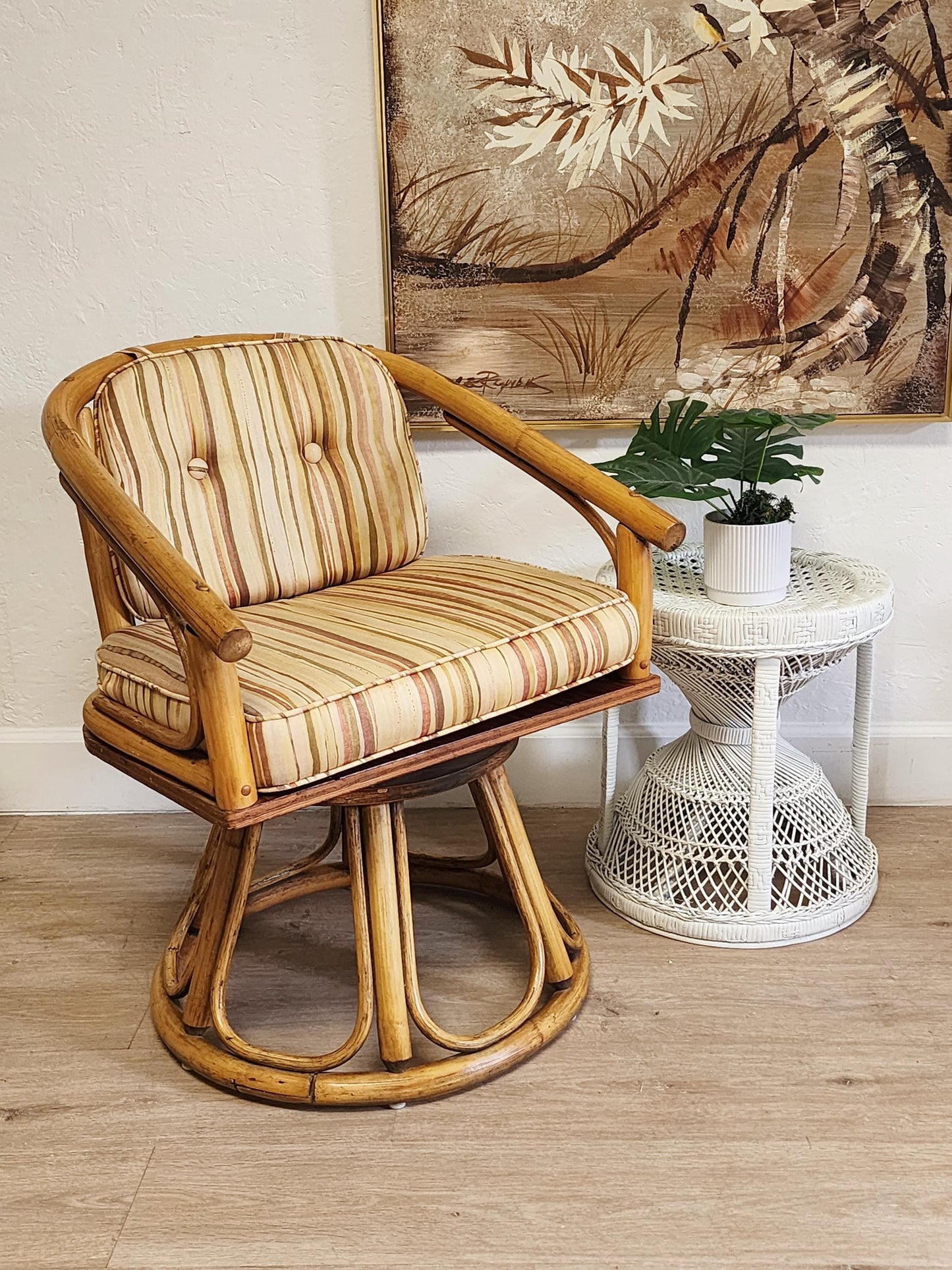 Rattan swivel with striped cushion coastal retro