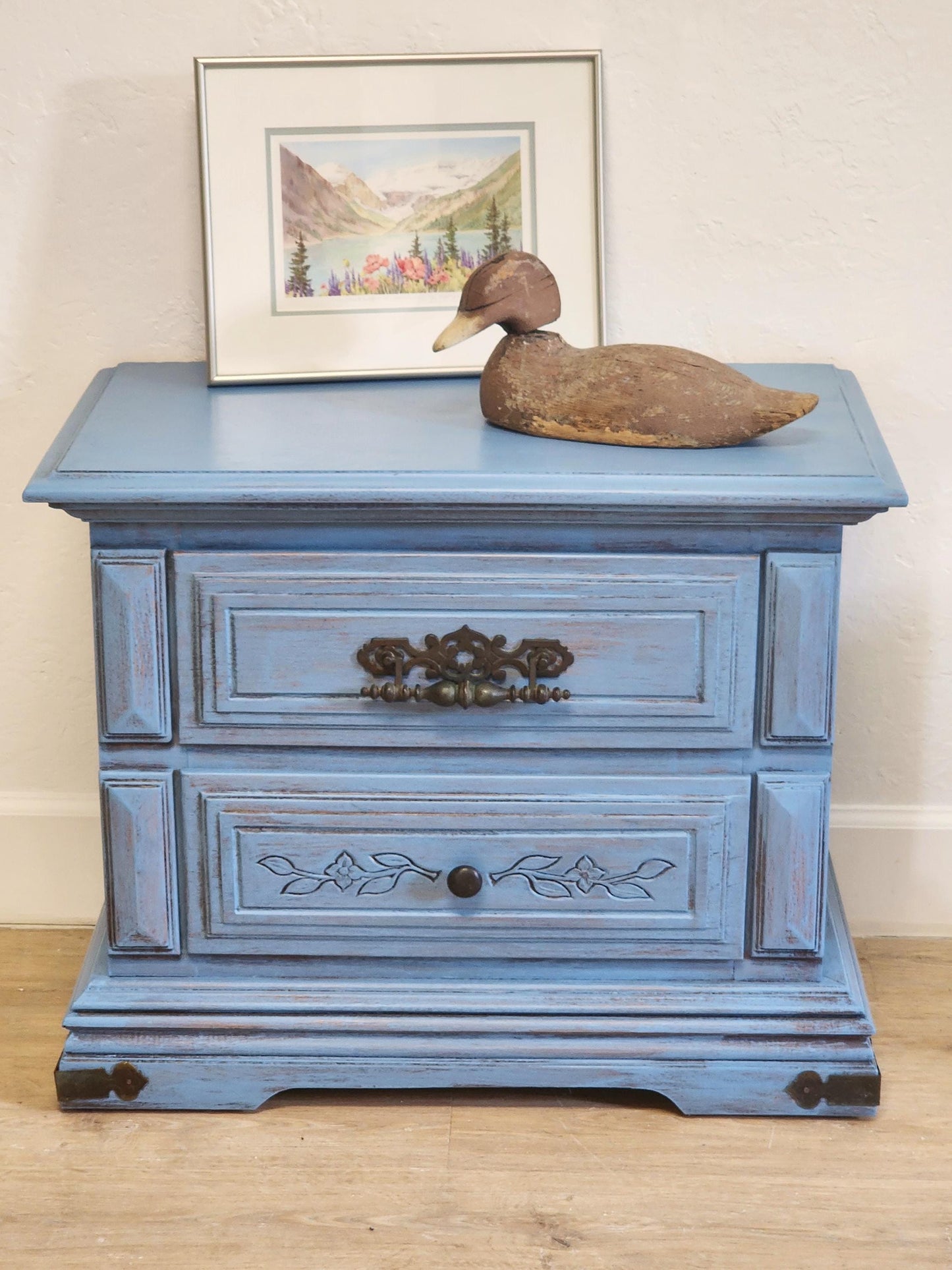 Rustic Blue Pair Nightstands-Farmhouse Shabby Painted End Tables-Primitive Painted Aged 2 Drawer Chest Set