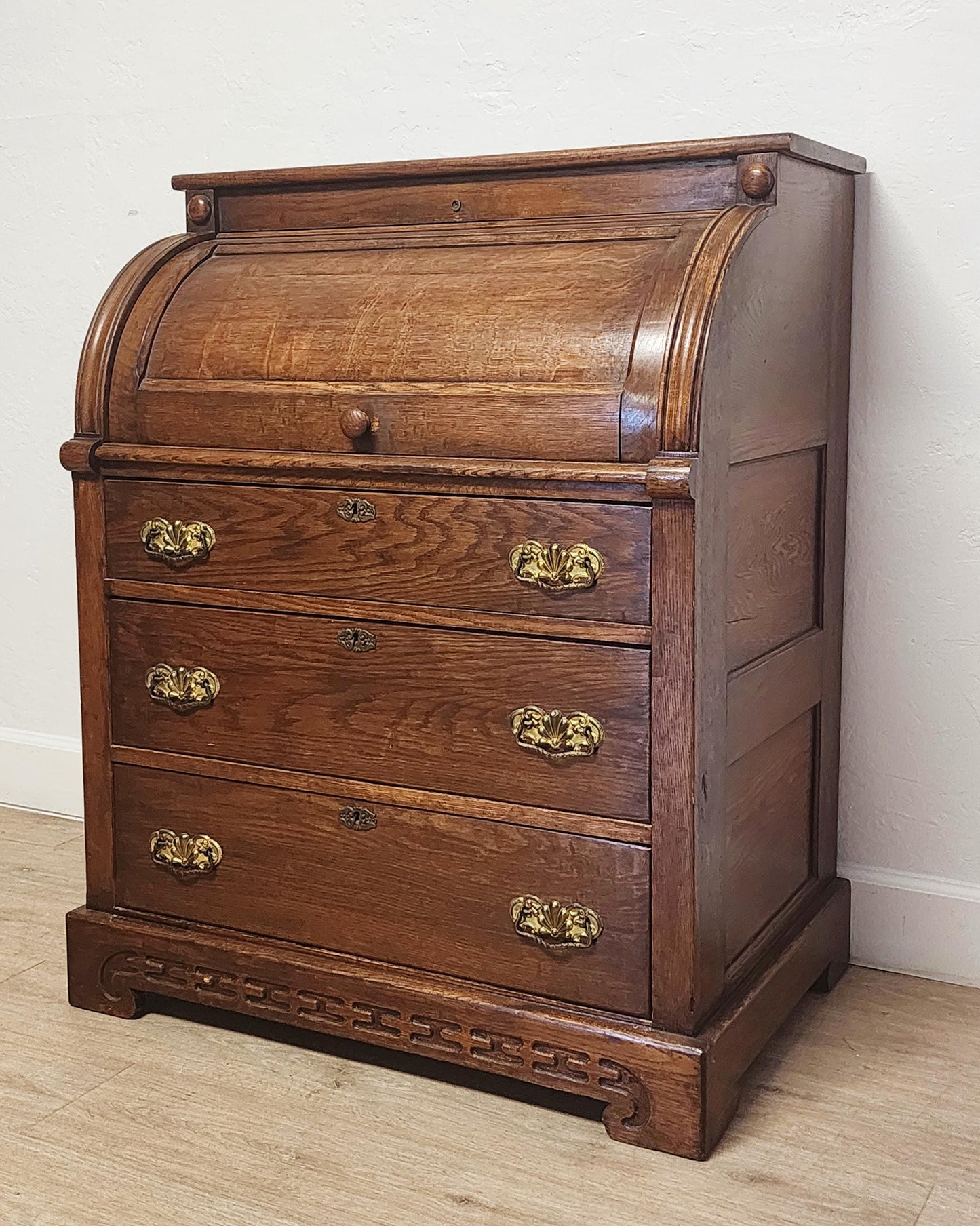 Antique Solid Wood Cylinder Desk-Vintage Barrell Roll Top Oak Desk-Rustic Pullout Secretary Chest-Three Drawer Rolltop Desk