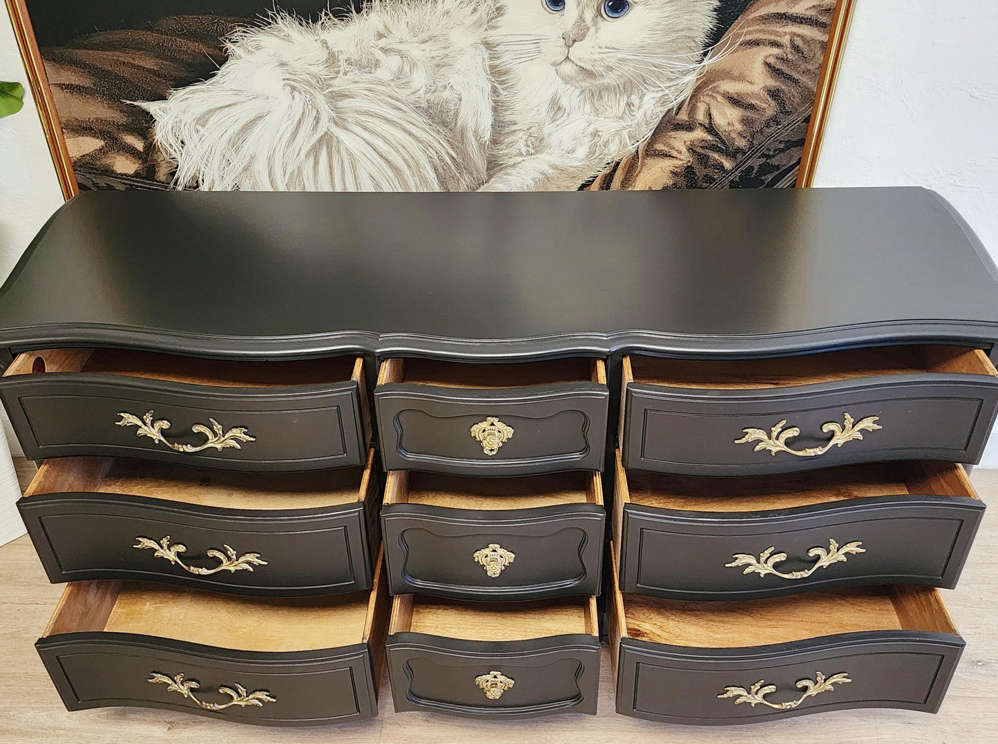 BASSETT French Provincial BLACK Dresser, Buffet, Ornate Solid Wood Refinished 9 Drawer Curvy Console