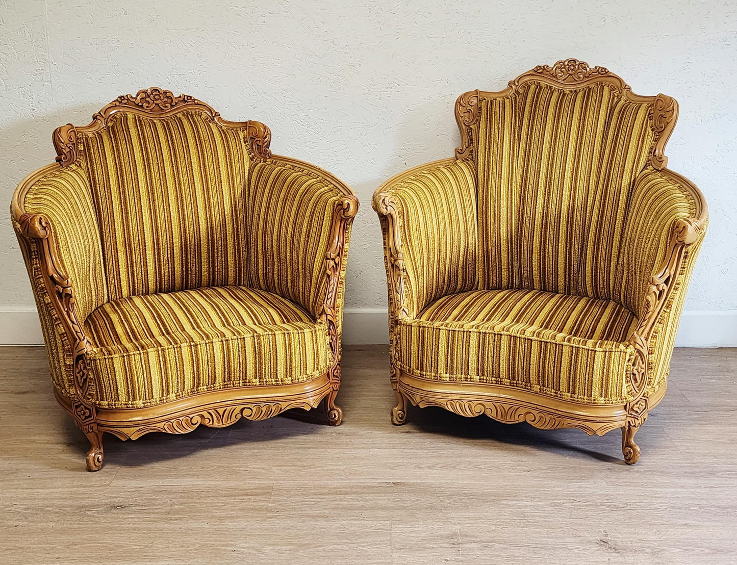 Pair Vintage Regency Carved His & Hers Fireside Chairs, French Style Ornate Gold Pair Club Chairs