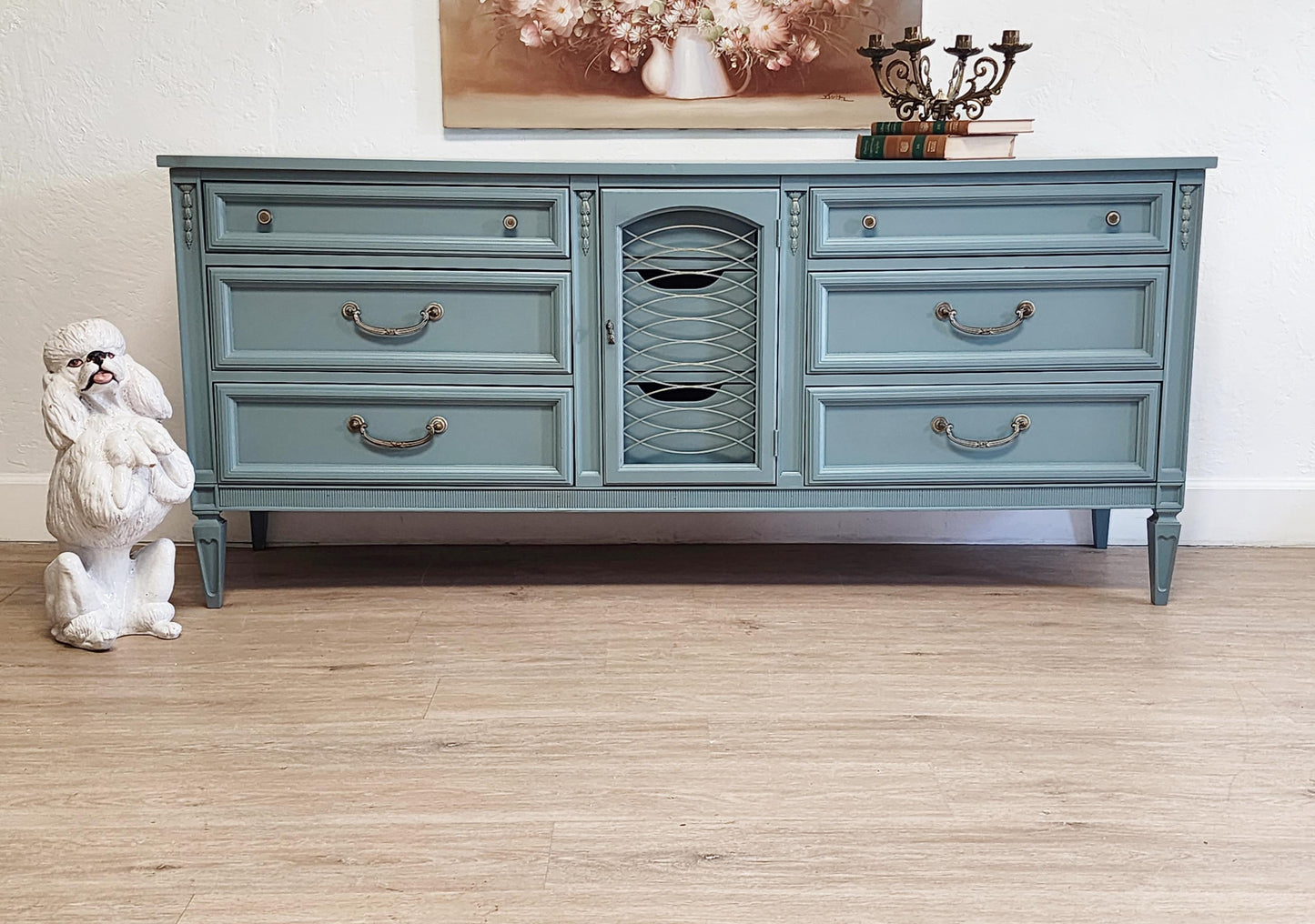 French Blue Vintage Console Dresser-Romantic Blue & Gilt Media Credenza MCM Basic Witz Buffet
