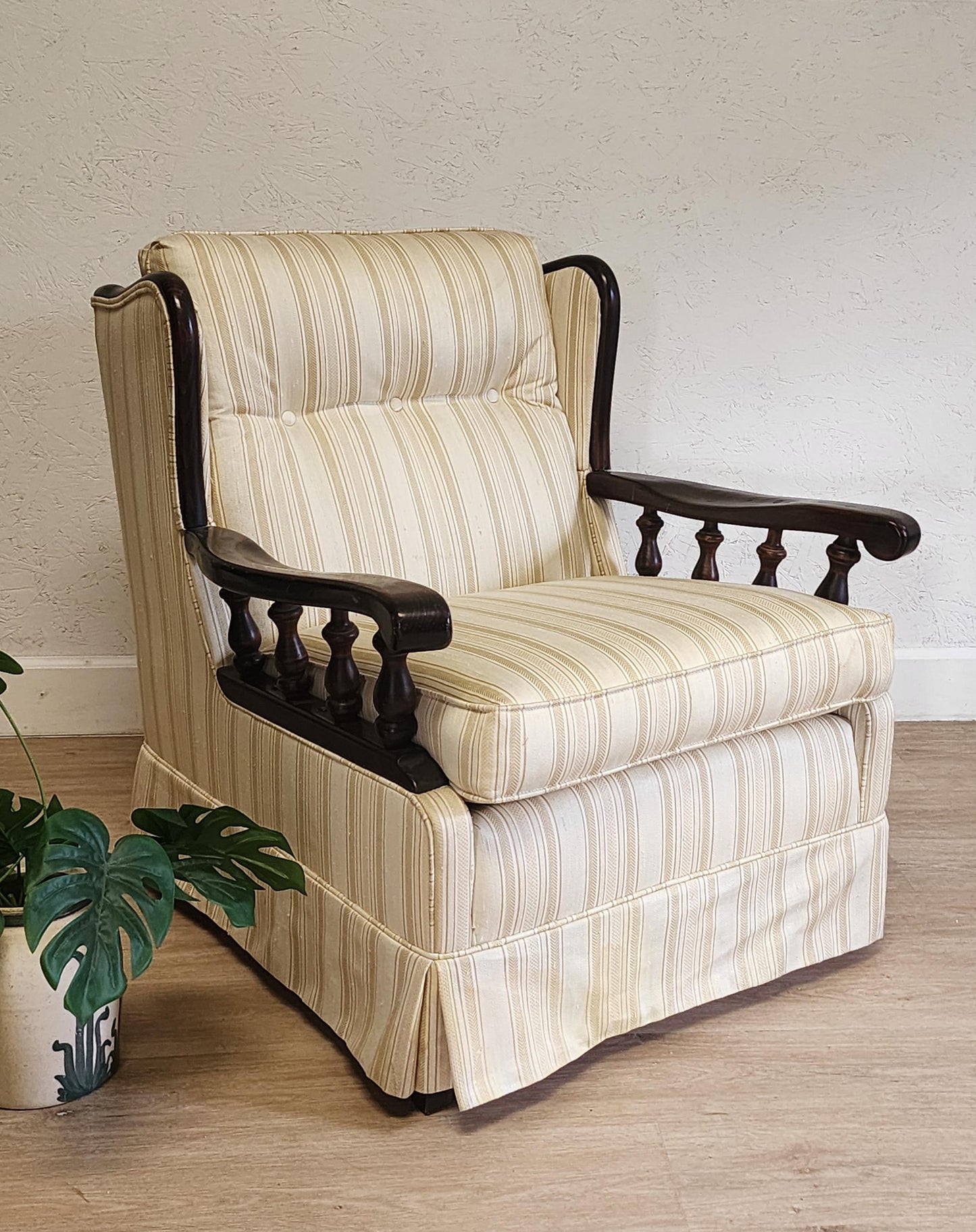 Vintage Dark Wood Sofa or Armchair-Ethan Allen Style 1970's Wood & Skirted Pinstripe Couch /  Wood Frame Retro Chair Livingroom Set