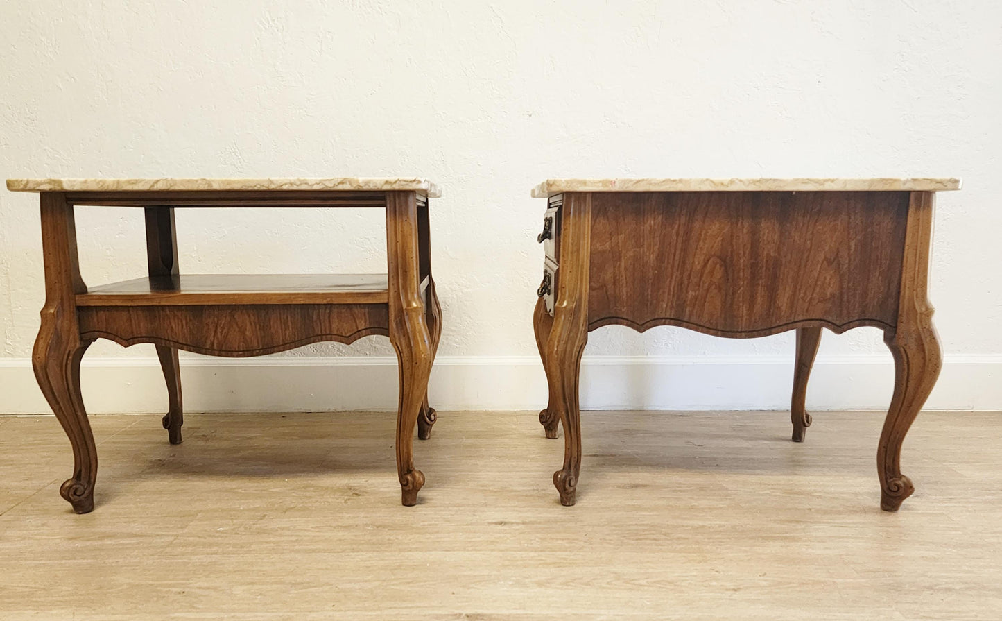 Pair French Provincial Marble Top Carved End Tables or Nightstands, French Style Vintage Portuguese Stone Top Pair Tables