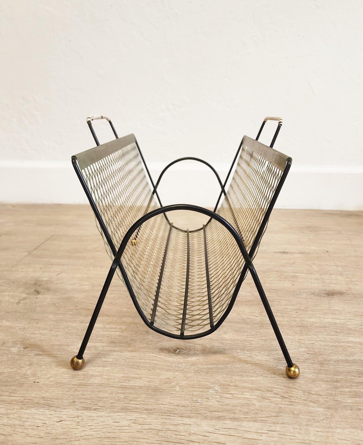 Vintage Gold Mesh Magazine Rack-MCM Black Gilt Wire Ball Foot Floor Basket-Retro Vinyl Album Storage Holder
