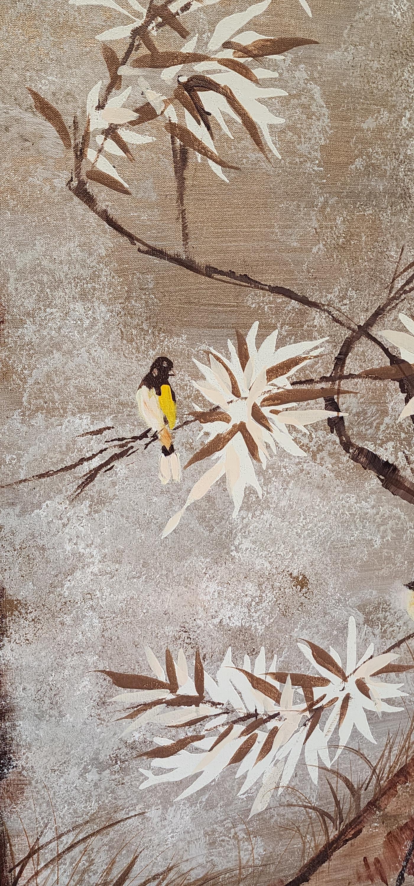 LEE Reynolds Birds w/ Bamboo  MCM Vanguard Studios Asian Nature LARGE Vertical Painting, Earth Tones Vintage Reynolds