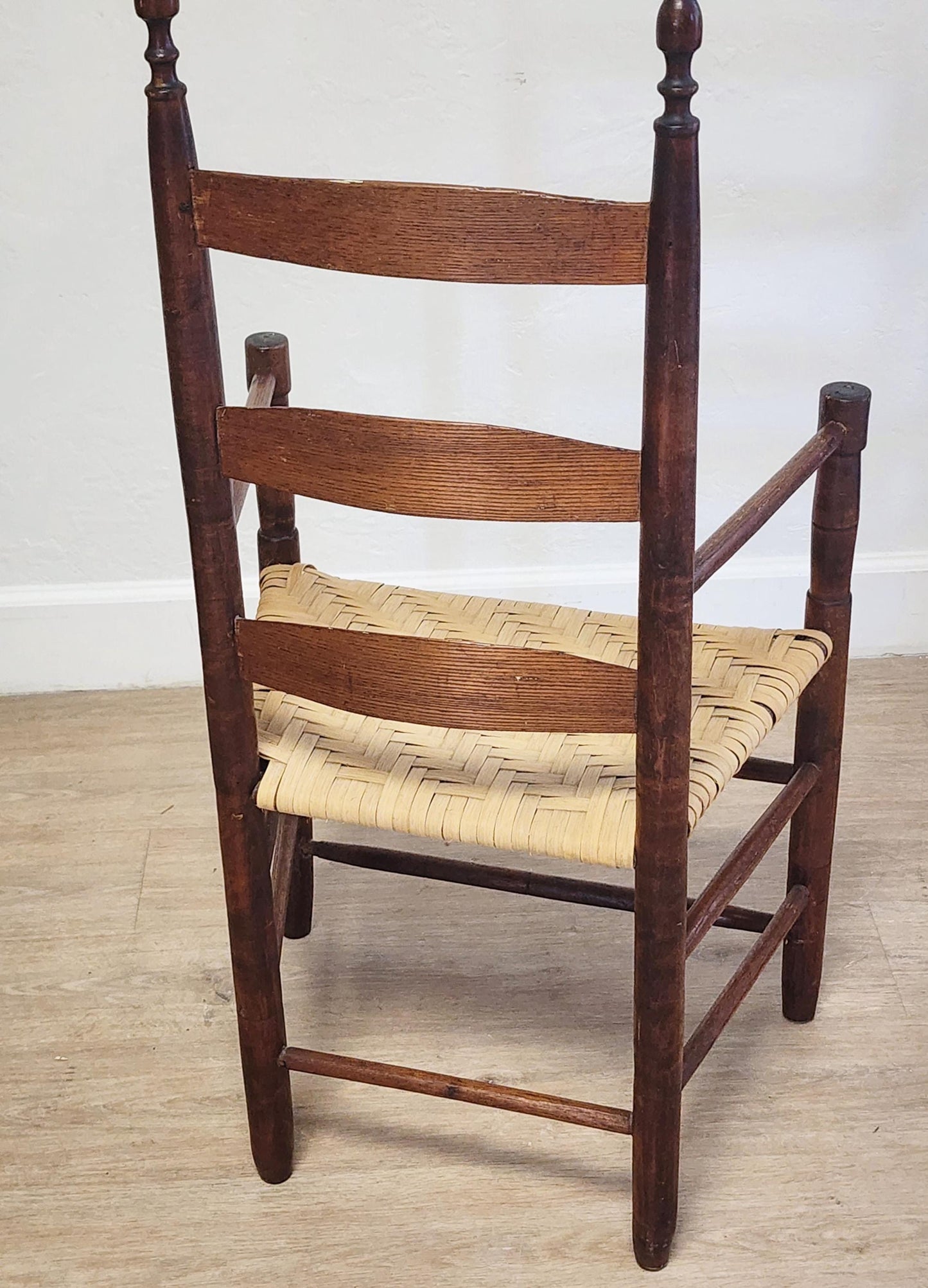 Pair Shaker Style Primitive Chairs-Antique Ladderback Low Farmhouse Flat Weave Splint Seat Elder Chairs