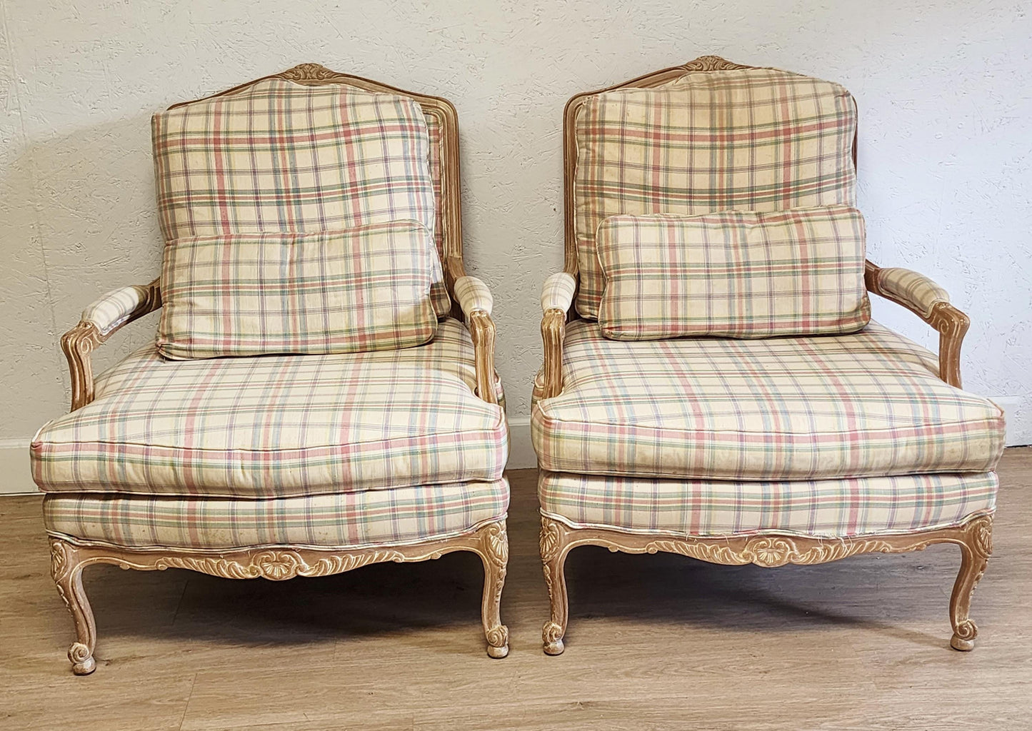 Pair Vintage Sherrill French Country Style Bergere Chairs-Carved Washed Wood Armchairs-For Reupholstering