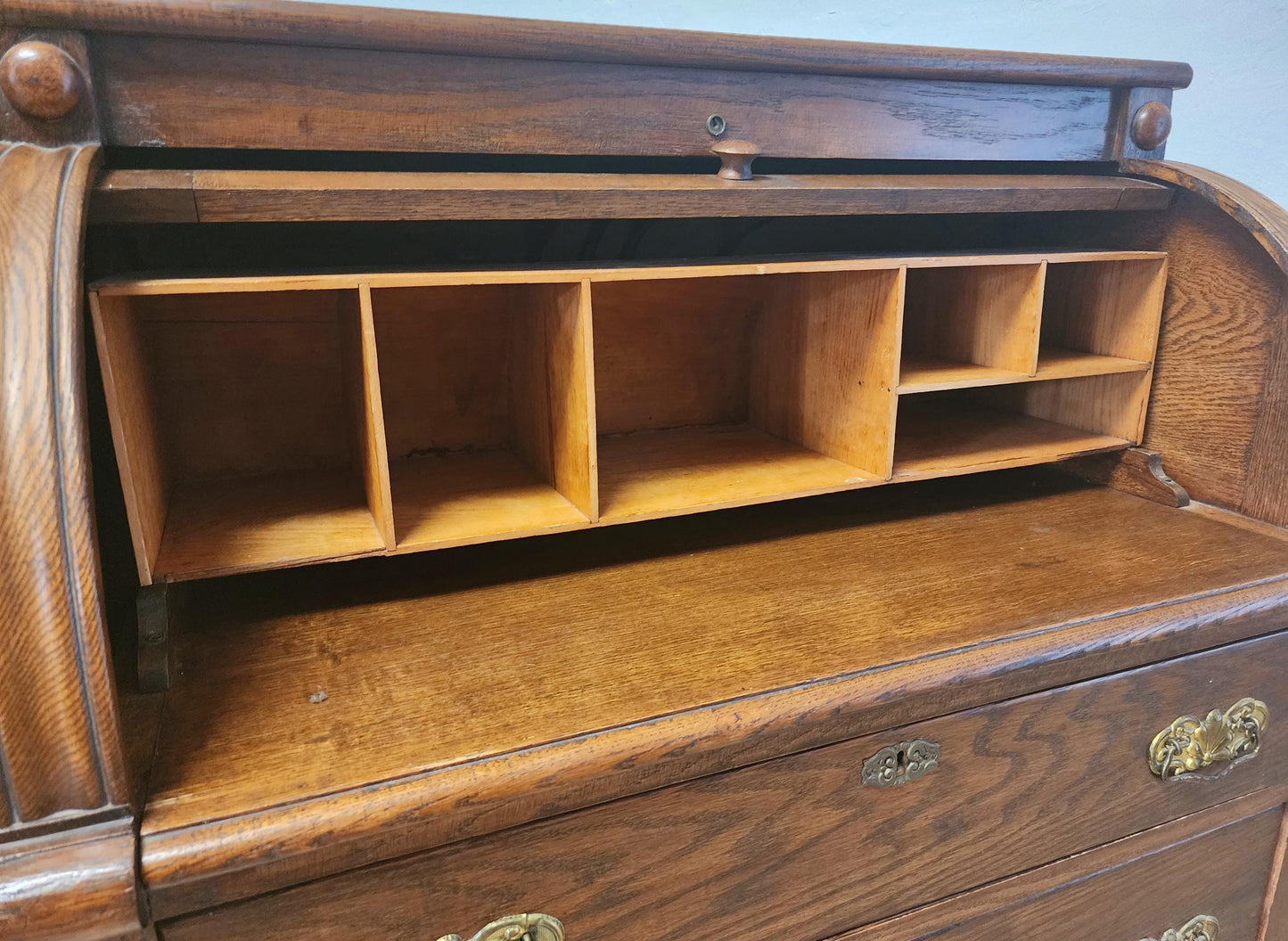 Antique Solid Wood Cylinder Desk-Vintage Barrell Roll Top Oak Desk-Rustic Pullout Secretary Chest-Three Drawer Rolltop Desk