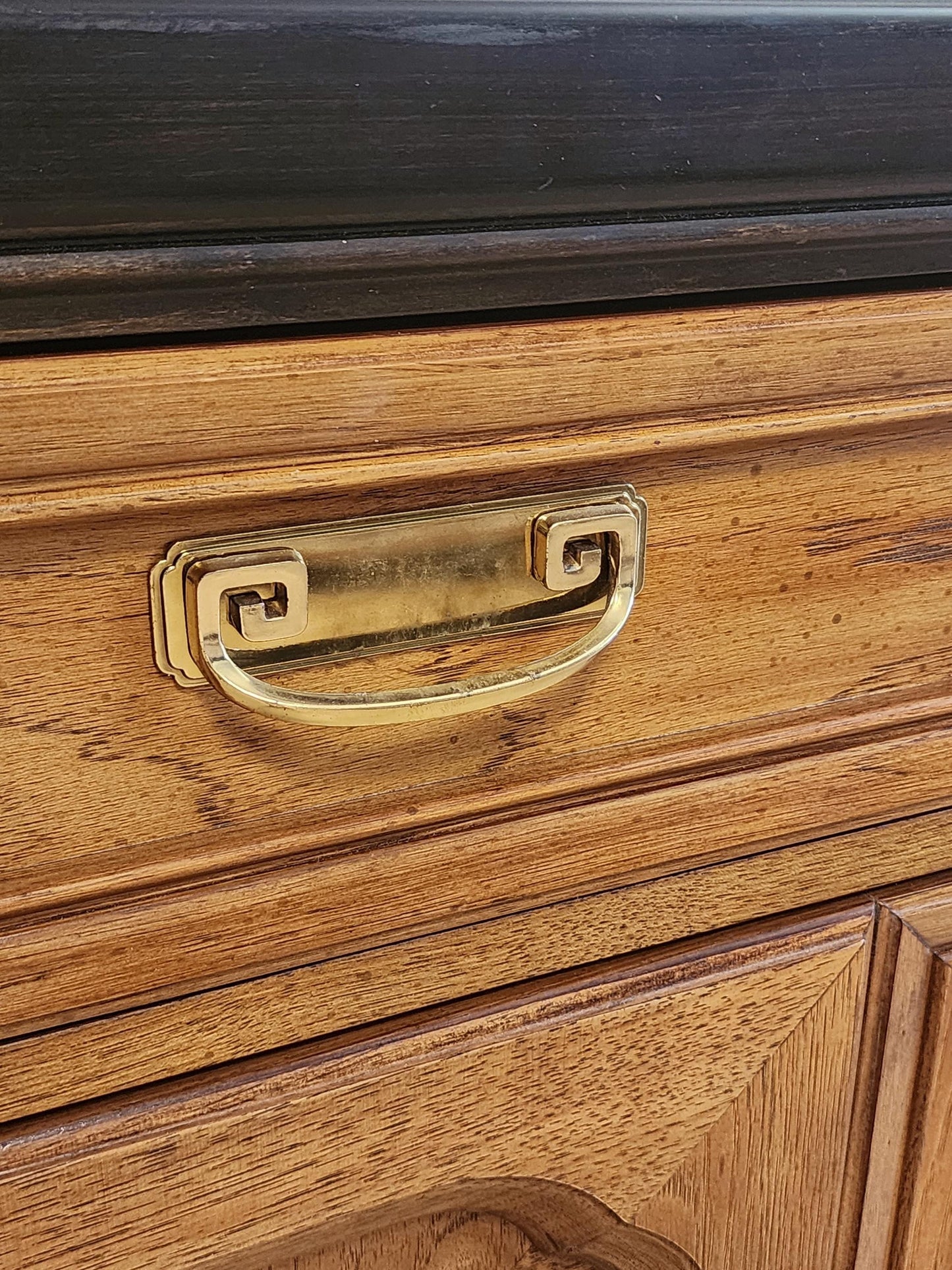 Thomasville Embassy Buffet-Campaign Chinoiserie Solid Wood Server- Vintage Asian Modern Console Cabinet-Ebony Brass Credenza