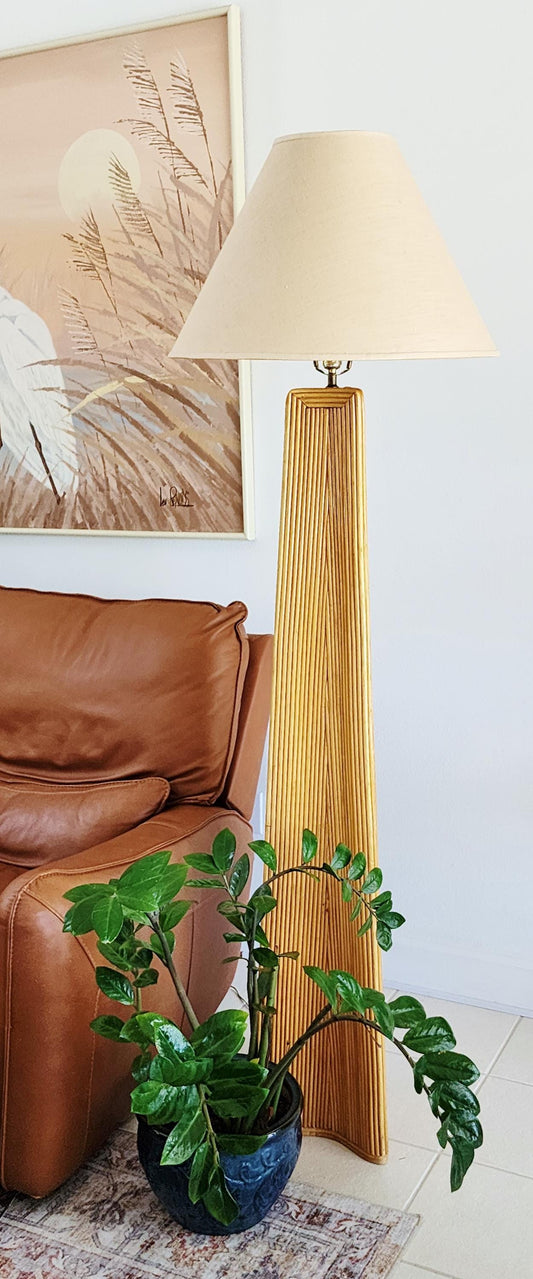 Coastal Tall Palm Beach Vintage Pencil Reed Sculptural Floor Lamp | Rattan MCM Tall Pyramid Lamp