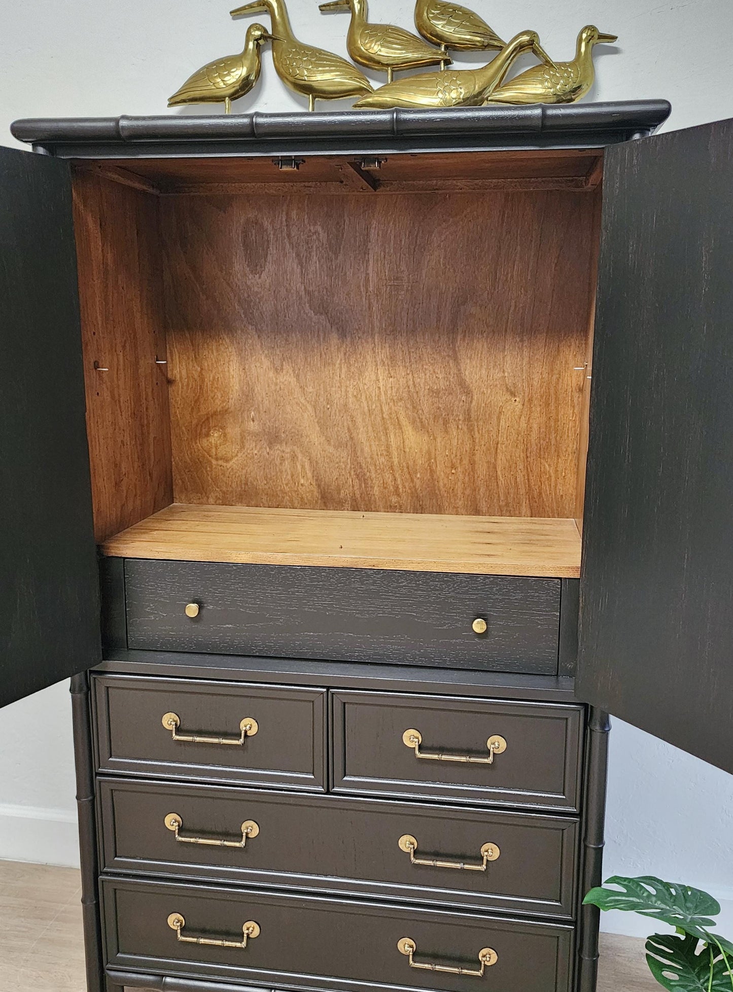 BLACK Coastal Faux Bamboo Armoire-  Chinoiserie MCM Palm Beach Regency Black Cane Gentleman's Chest, Bar, Media Cabinet