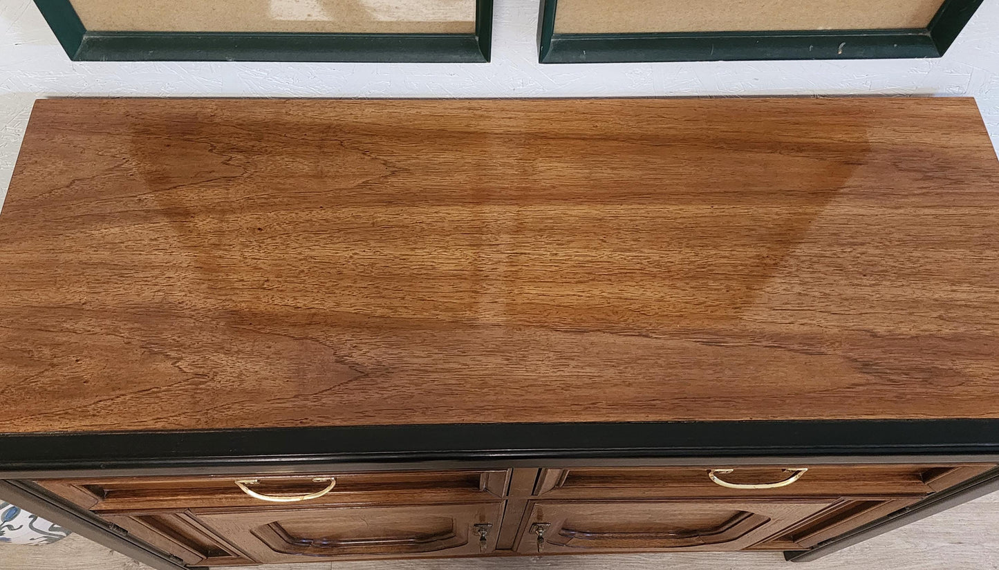 Thomasville Embassy Buffet-Campaign Chinoiserie Solid Wood Server- Vintage Asian Modern Console Cabinet-Ebony Brass Credenza