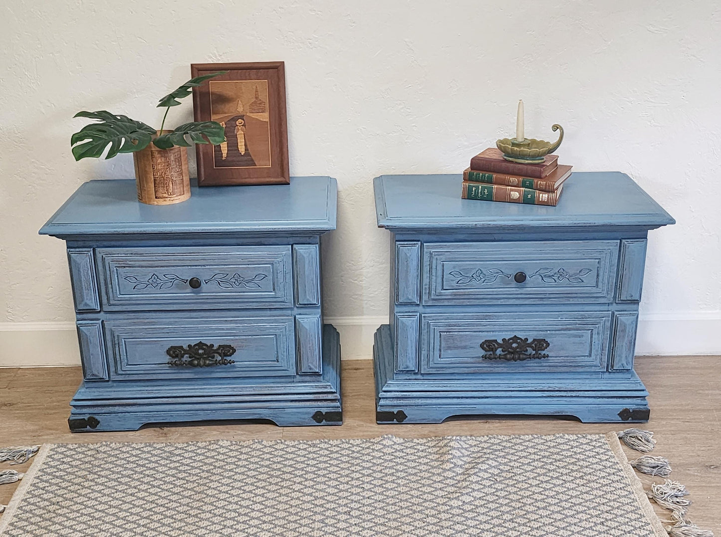 Rustic Blue Pair Nightstands-Farmhouse Shabby Painted End Tables-Primitive Painted Aged 2 Drawer Chest Set
