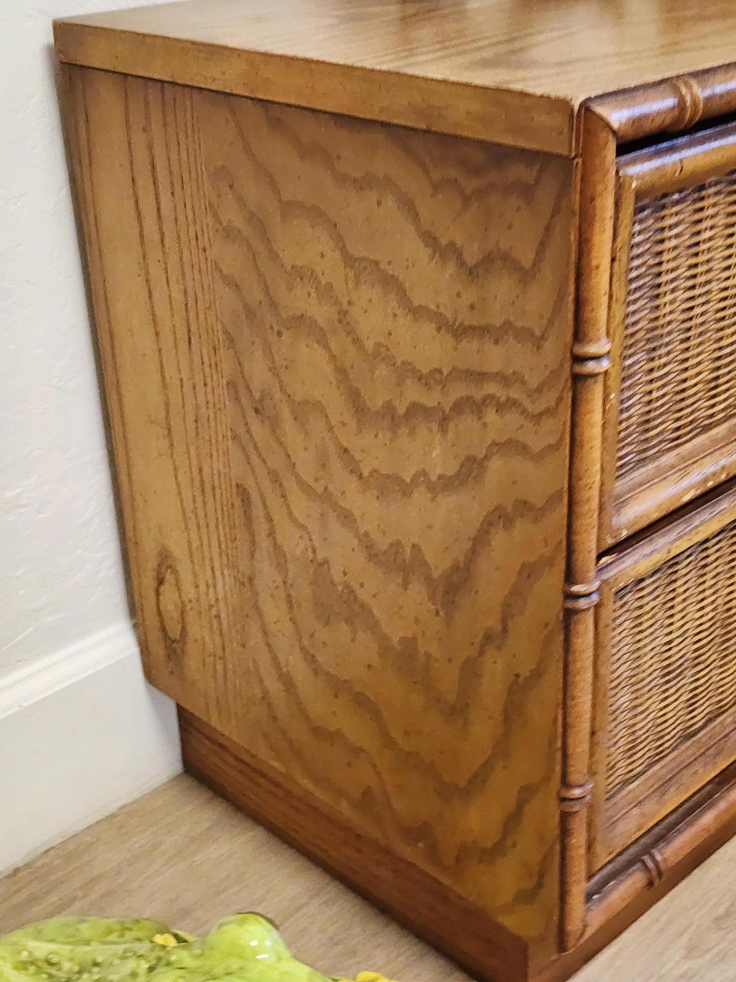 Thomasville Faux Bamboo 2 Drawer Rattan Woven Coastal Nightstand-Vintage Palm Beach End Table-Customize Option