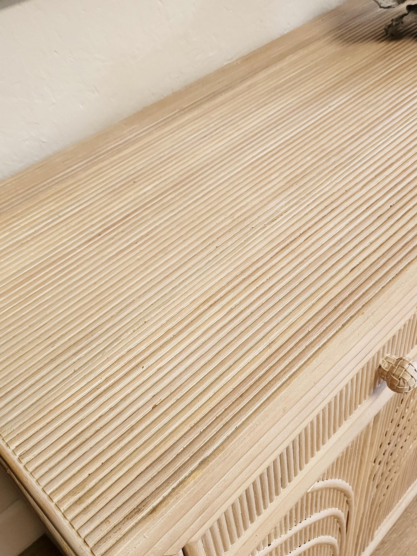 Palm Beach Regency Whitewash Split Reed Cabinet-Rattan Pencil Reed Pale Coastal Storage Console-Tropical Dresser, Bar