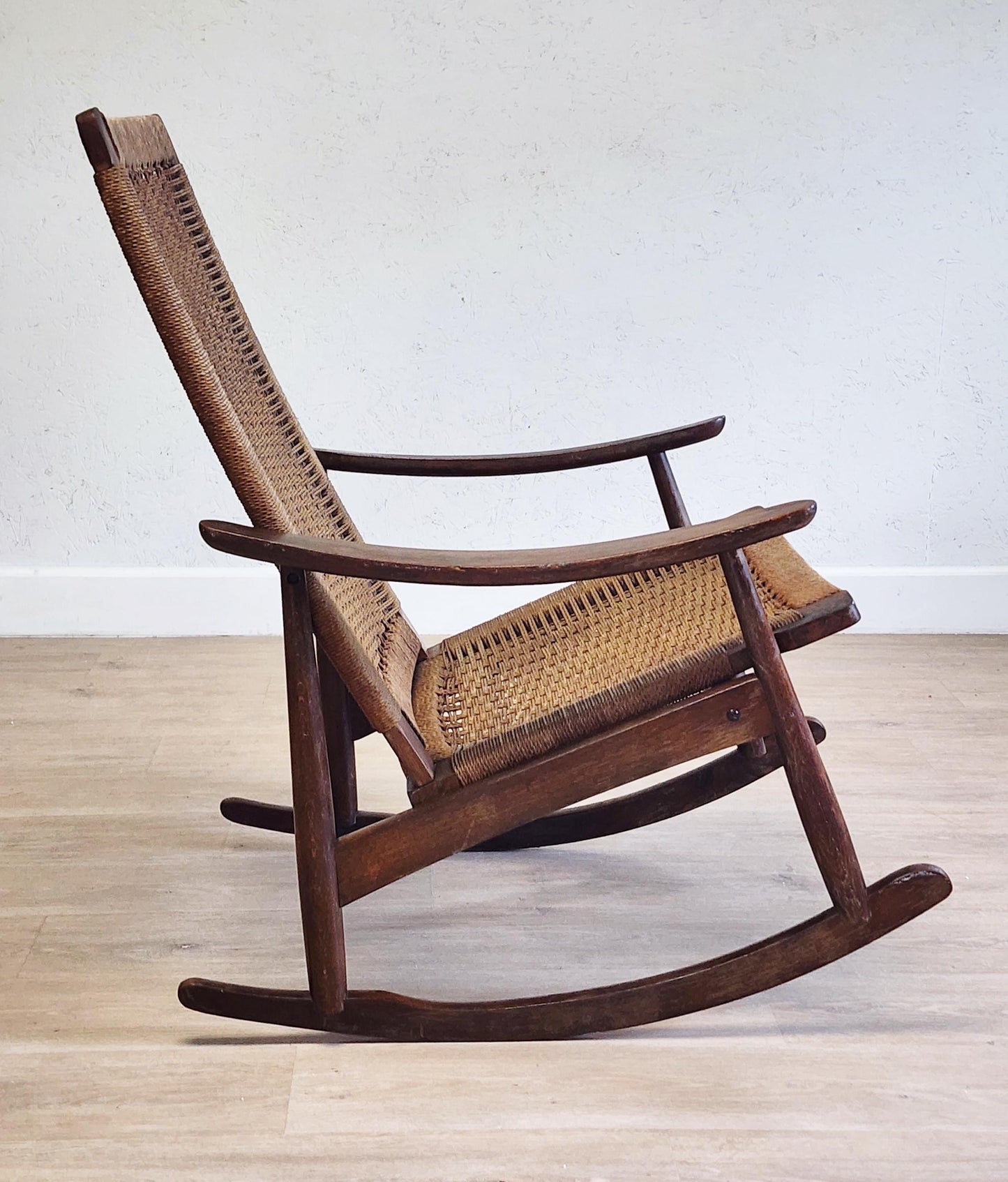 Wegner Style Rope Rocking Chair, Woven Rocker, Yugoslavian Twisted Cord Rocking Chair