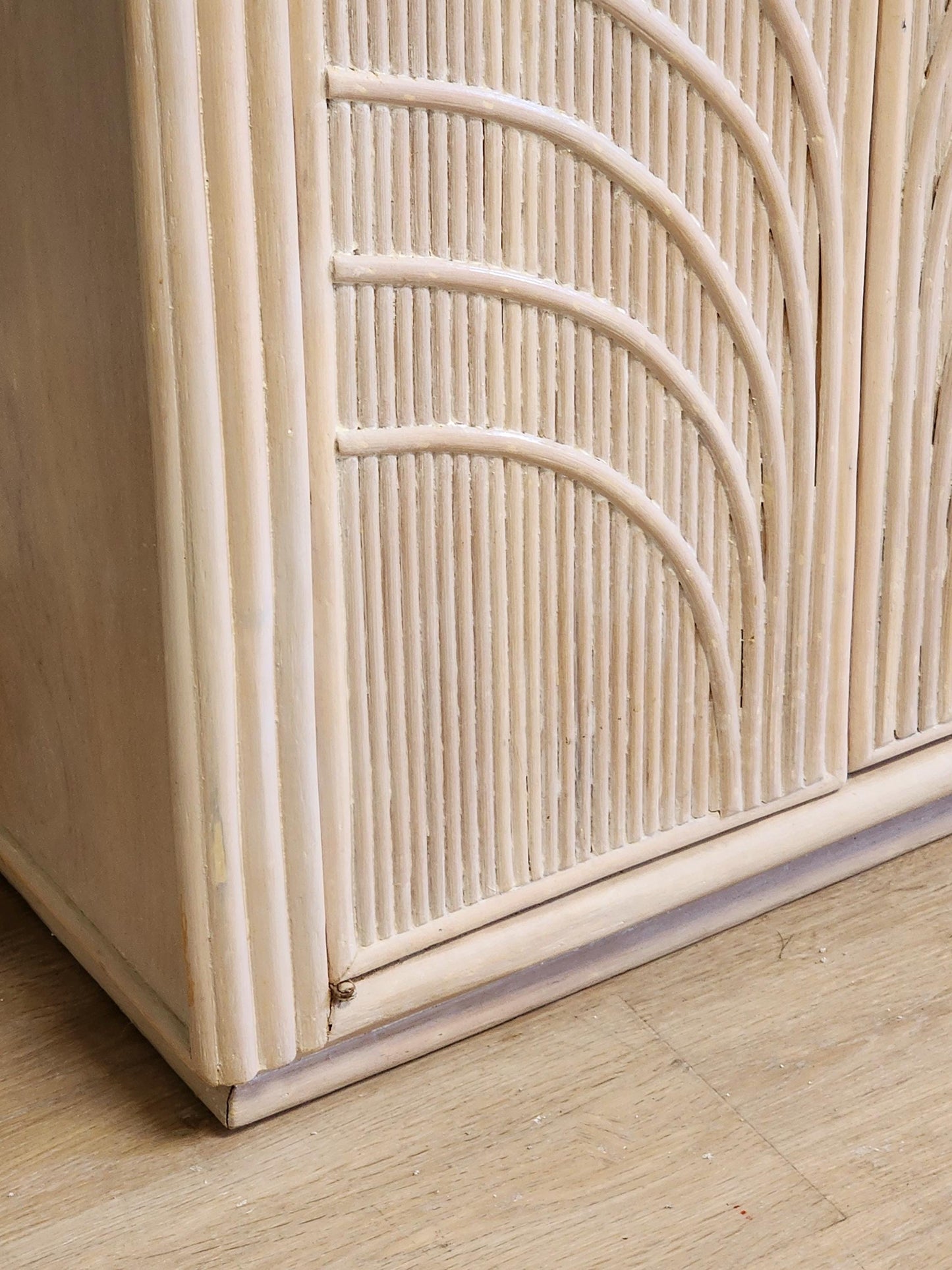 Palm Beach Regency Whitewash Split Reed Cabinet-Rattan Pencil Reed Pale Coastal Storage Console-Tropical Dresser, Bar