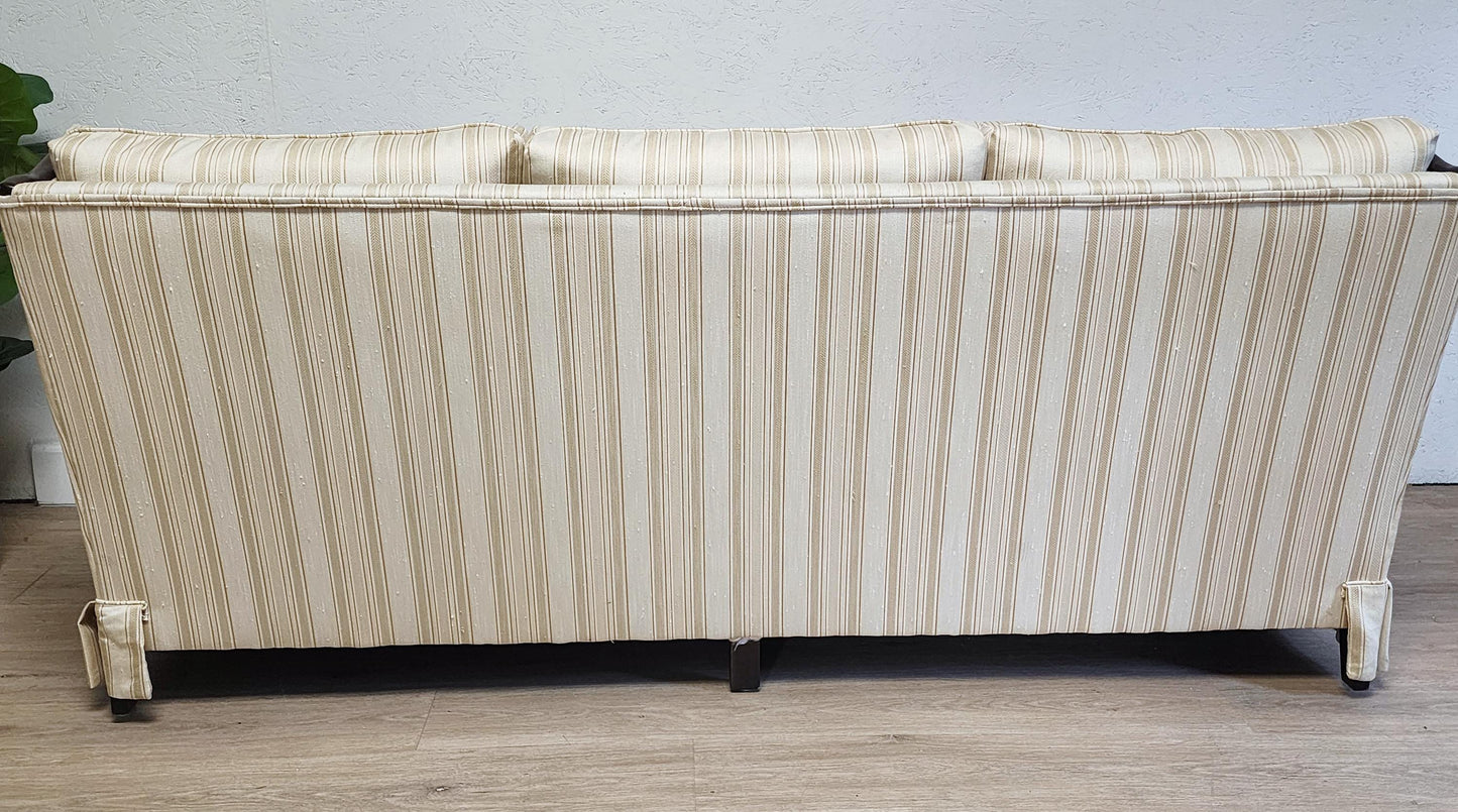 Vintage Dark Wood Sofa or Armchair-Ethan Allen Style 1970's Wood & Skirted Pinstripe Couch /  Wood Frame Retro Chair Livingroom Set