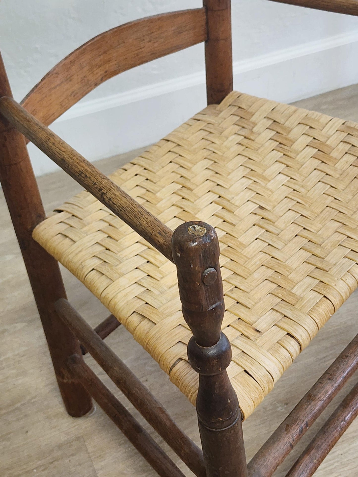 Pair Shaker Style Primitive Chairs-Antique Ladderback Low Farmhouse Flat Weave Splint Seat Elder Chairs