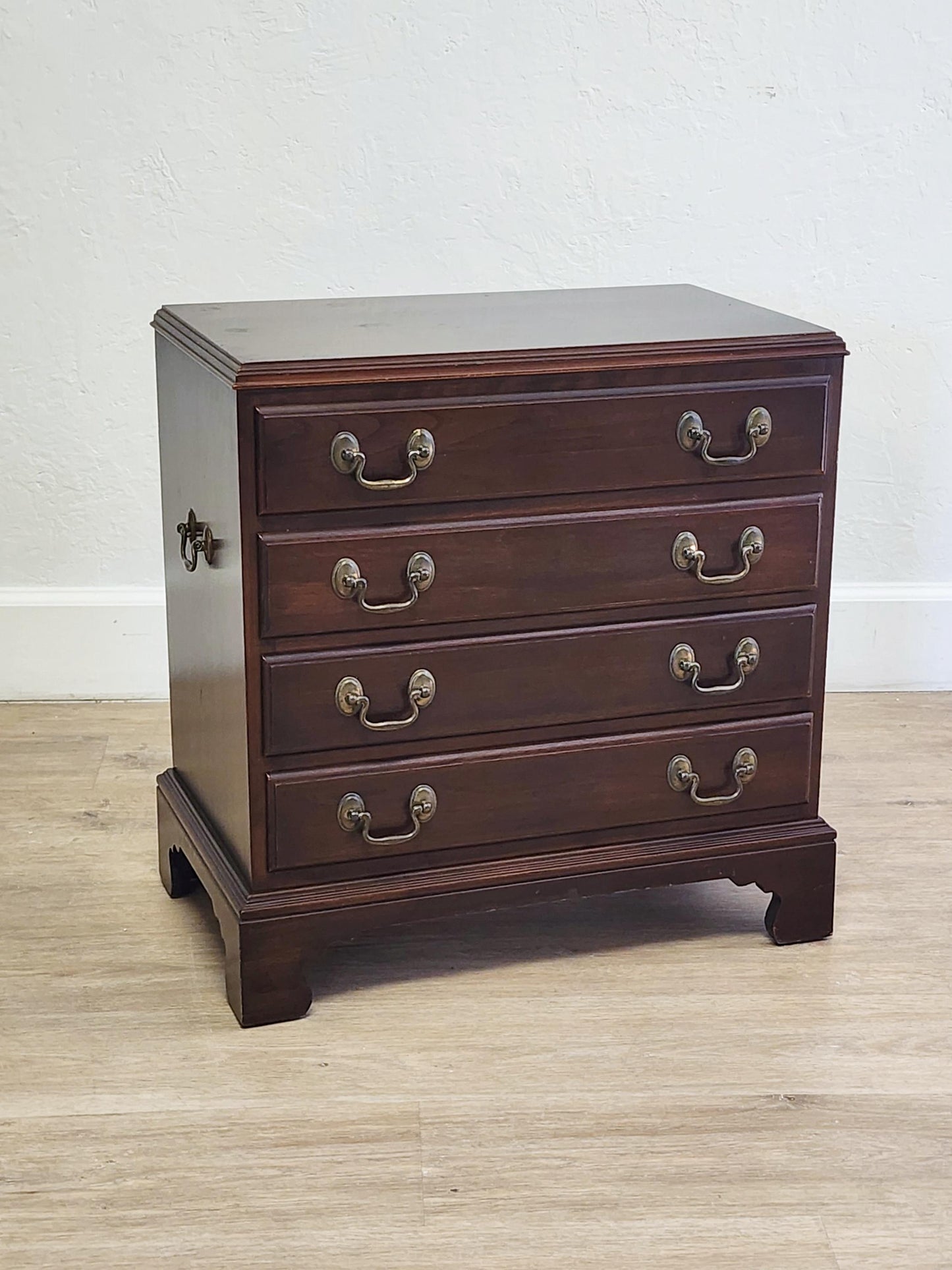 Petite Ethan Allen Georgian Bedside Chest-Traditional 4 Drawer Silver Chest, Nightstand With Brass Handles, Chairside End Table 11-3005