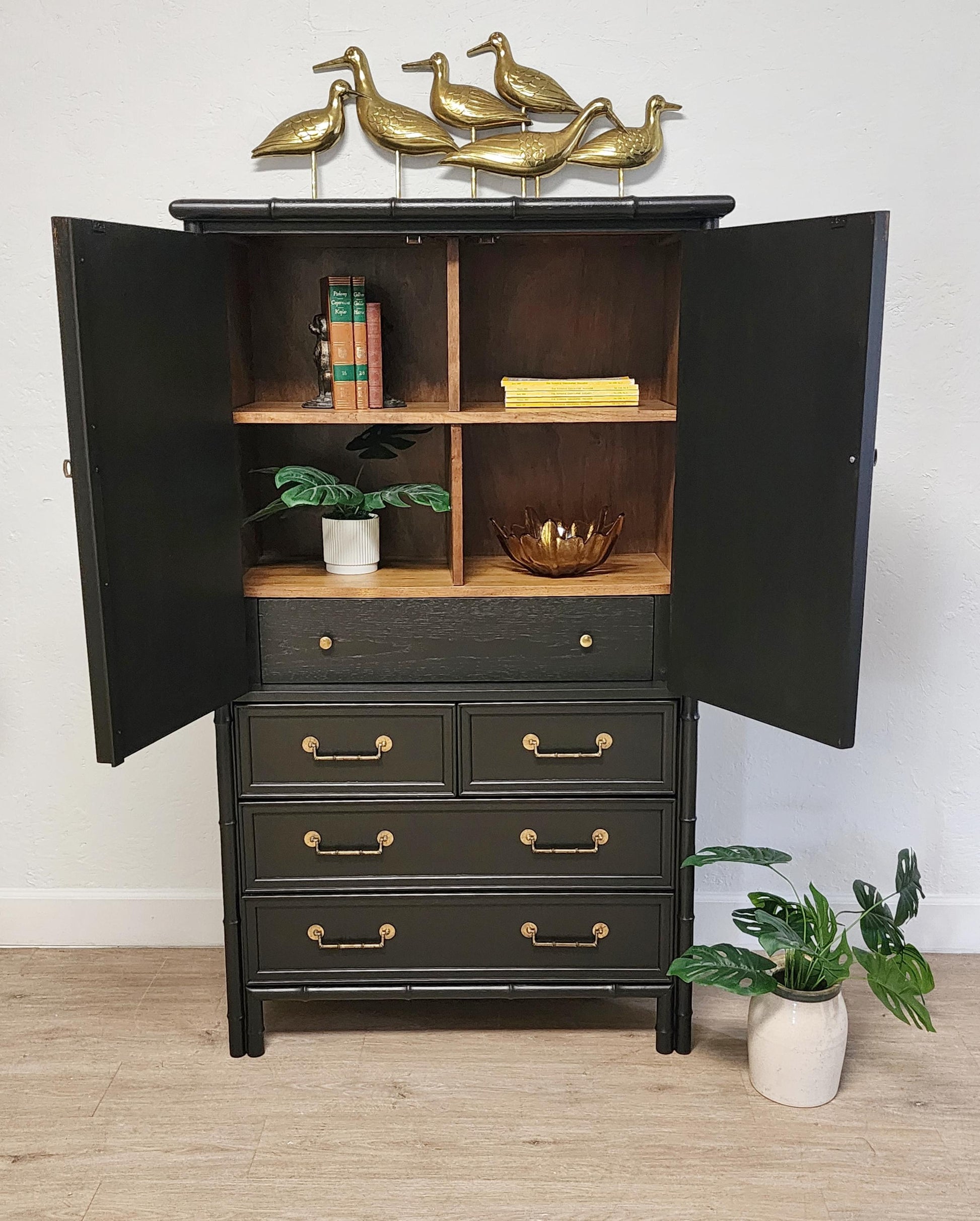 chinoiserie 
faux bamboo black storage console