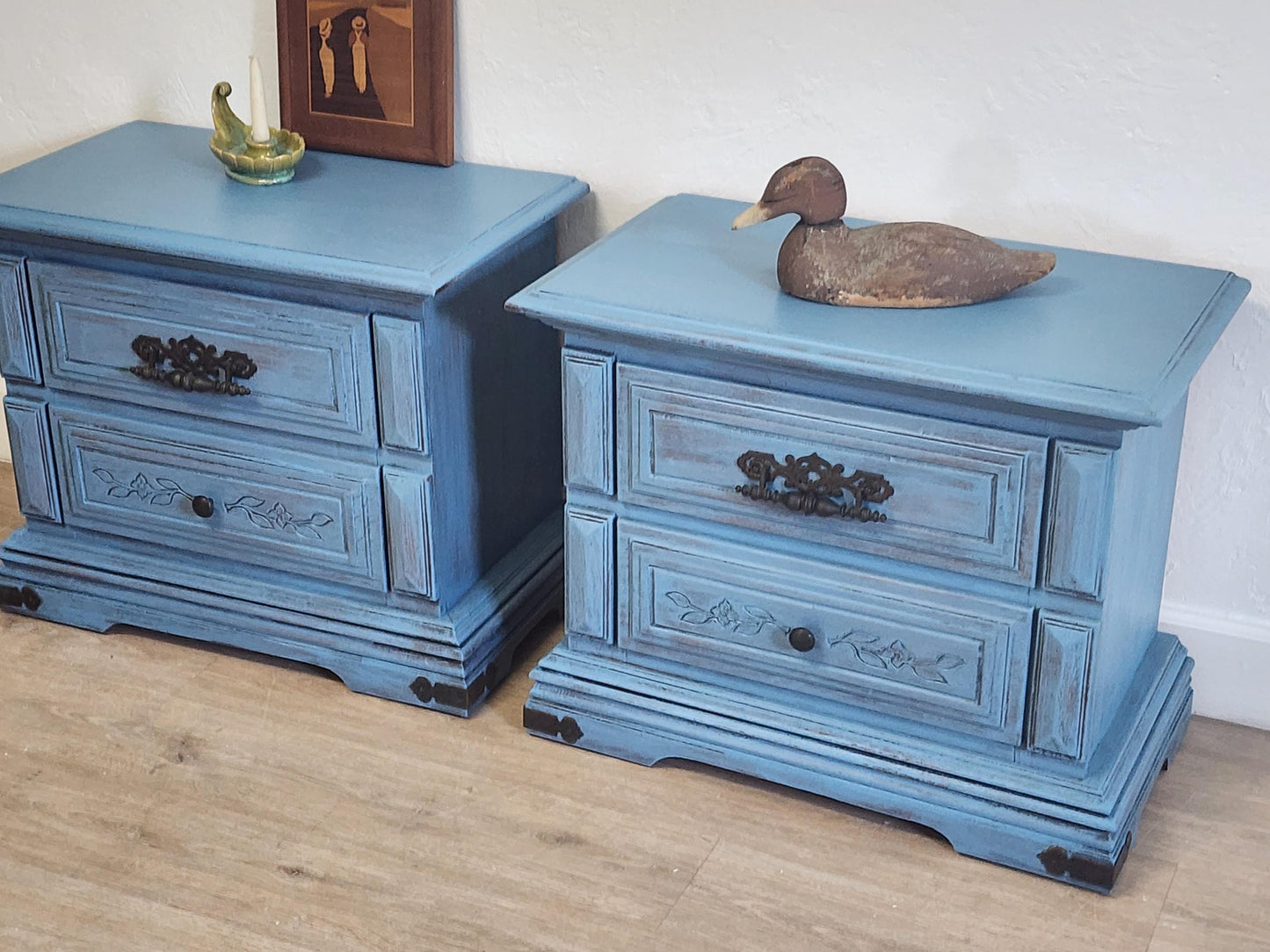 Rustic Blue Pair Nightstands-Farmhouse Shabby Painted End Tables-Primitive Painted Aged 2 Drawer Chest Set