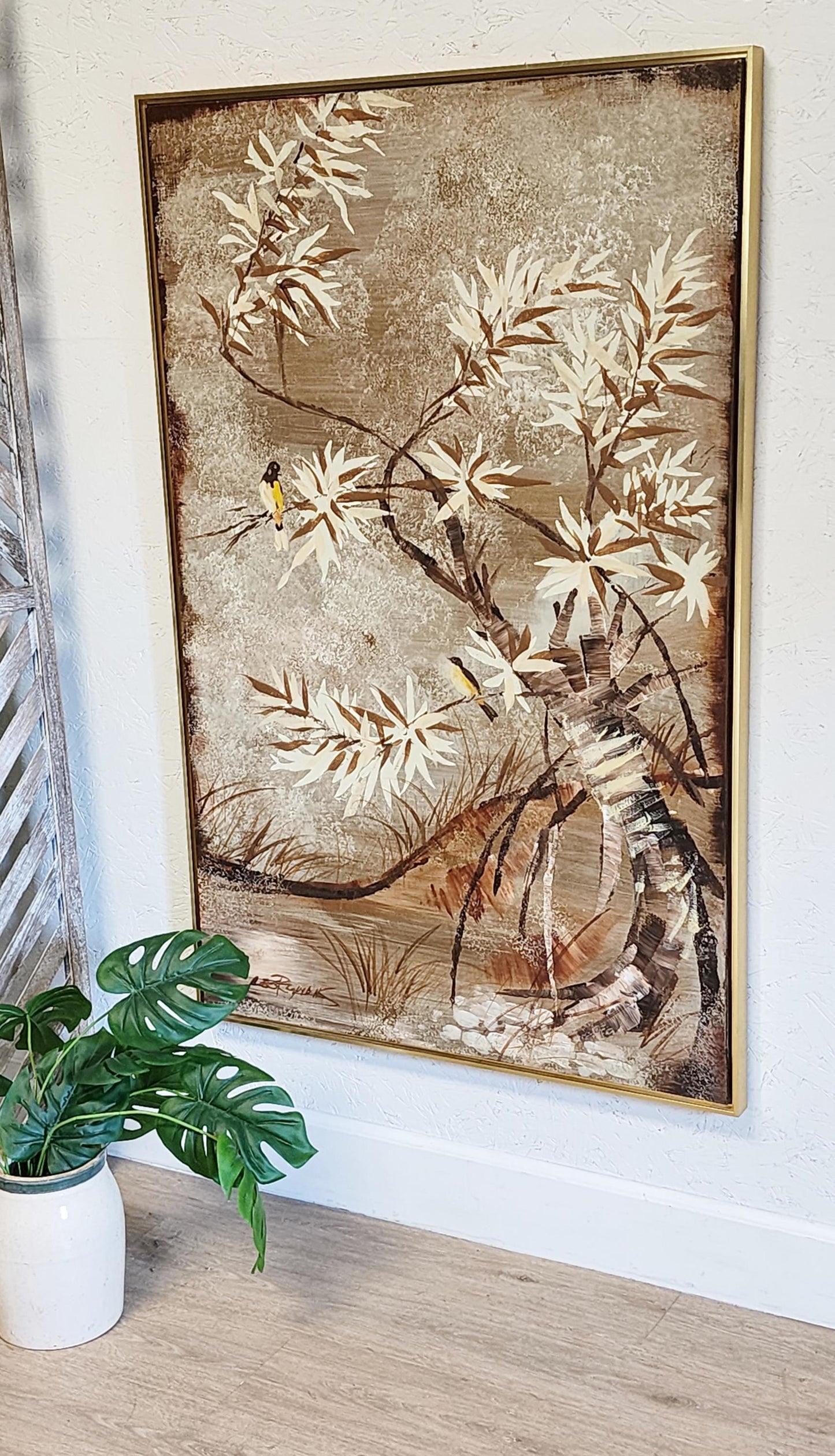 LEE Reynolds Birds w/ Bamboo  MCM Vanguard Studios Asian Nature LARGE Vertical Painting, Earth Tones Vintage Reynolds