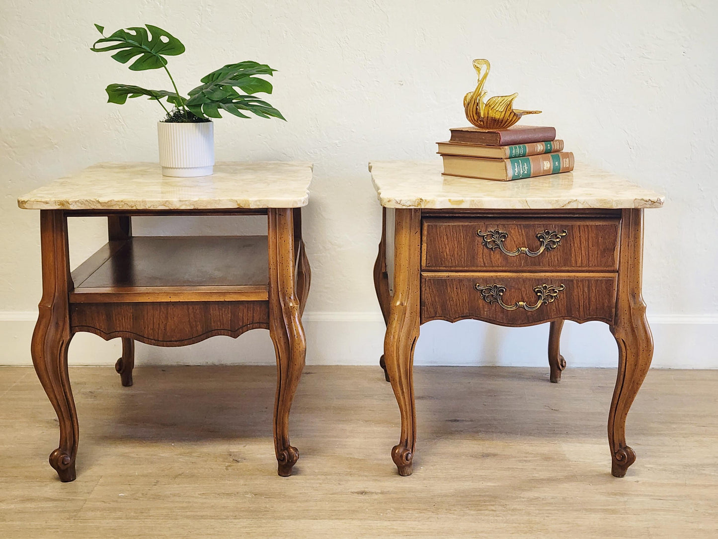 Pair French Provincial Marble Top Carved End Tables or Nightstands, French Style Vintage Portuguese Stone Top Pair Tables