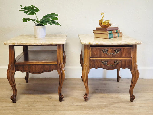Pair French Provincial Marble Top Carved End Tables or Nightstands, French Style Vintage Portuguese Stone Top Pair Tables