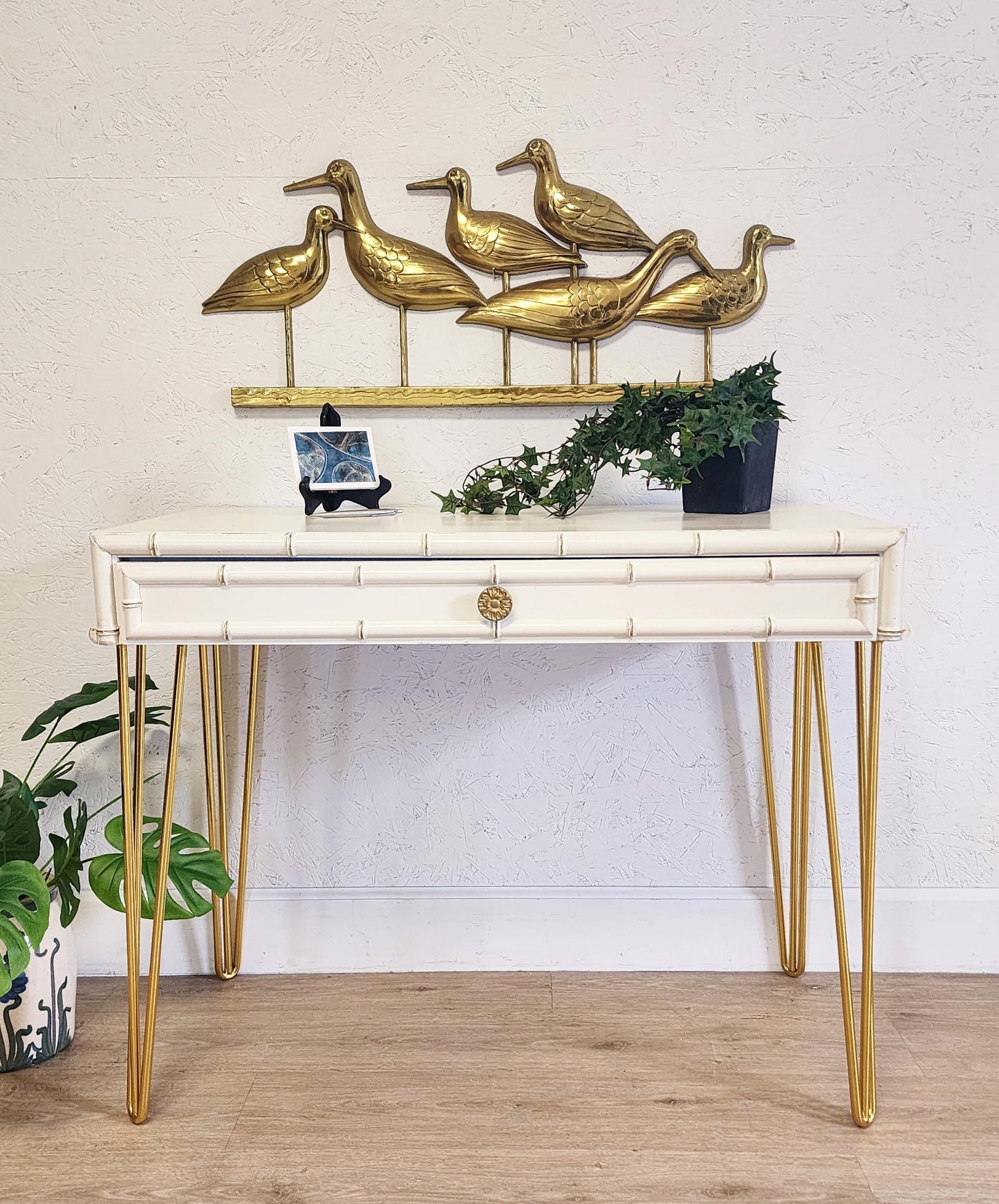 Dixie Aloha Writing Desk, Upcycled Dixie Faux Bamboo & Gold Desk Chair Set, MCM Hairpin Bamboo Console Desk, Hollywood Regency Vanity Desk