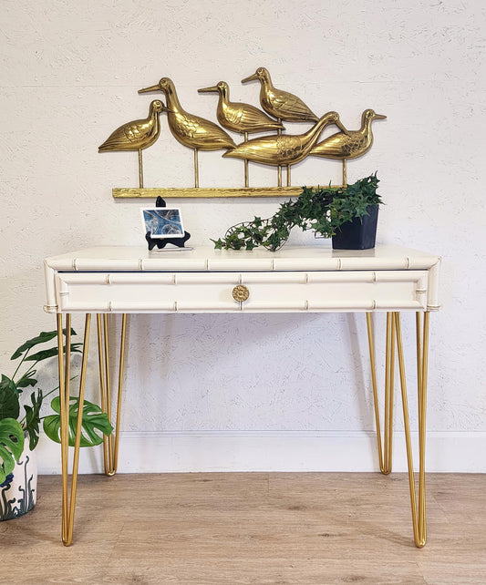 Dixie Aloha Writing Desk, Upcycled Dixie Faux Bamboo & Gold Desk Chair Set, MCM Hairpin Bamboo Console Desk, Hollywood Regency Vanity Desk