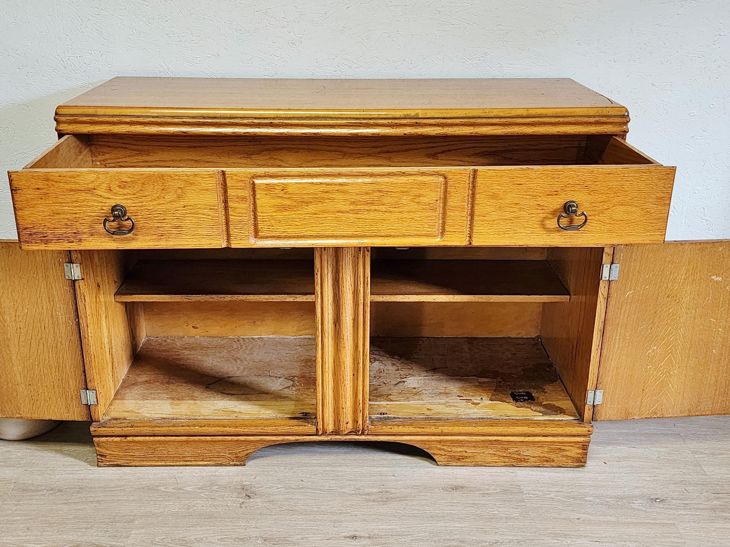 Antique Farmhouse Tulip Server Cabinet | Meier & Pohlmann Inlaid Wood Primitive Style Buffet Sideboard Linen Cabinet