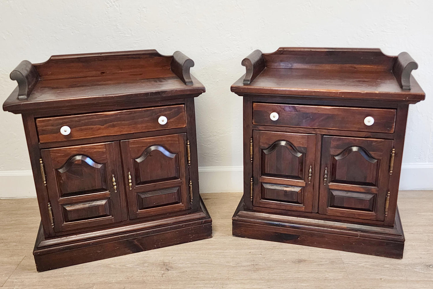Pair Dark Pine Rustic Ethan Allen Side Tables-Farmhouse Tavern Storage Cabinets Nightstands