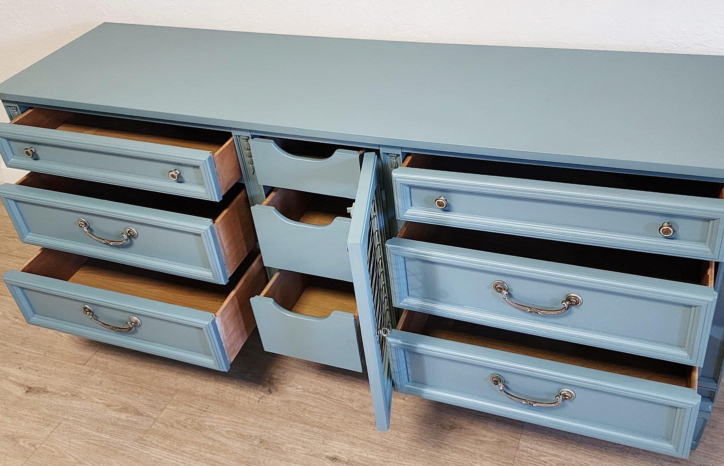 French Blue Vintage Console Dresser-Romantic Blue & Gilt Media Credenza MCM Basic Witz Buffet