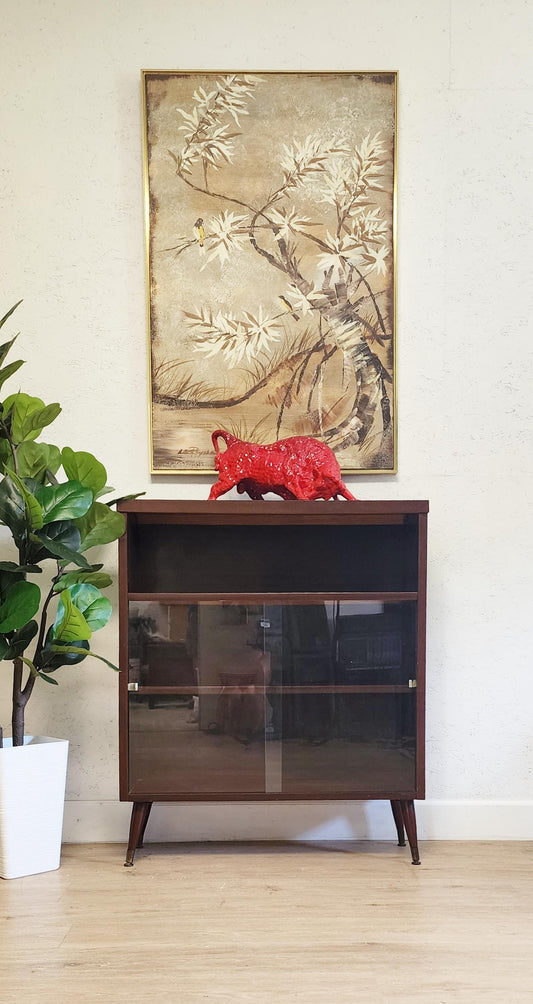 MCM Atomic Floor Shelf | Taper Leg Glass Door Vintage Display Shelf | Retro Bookshelf Cabinet