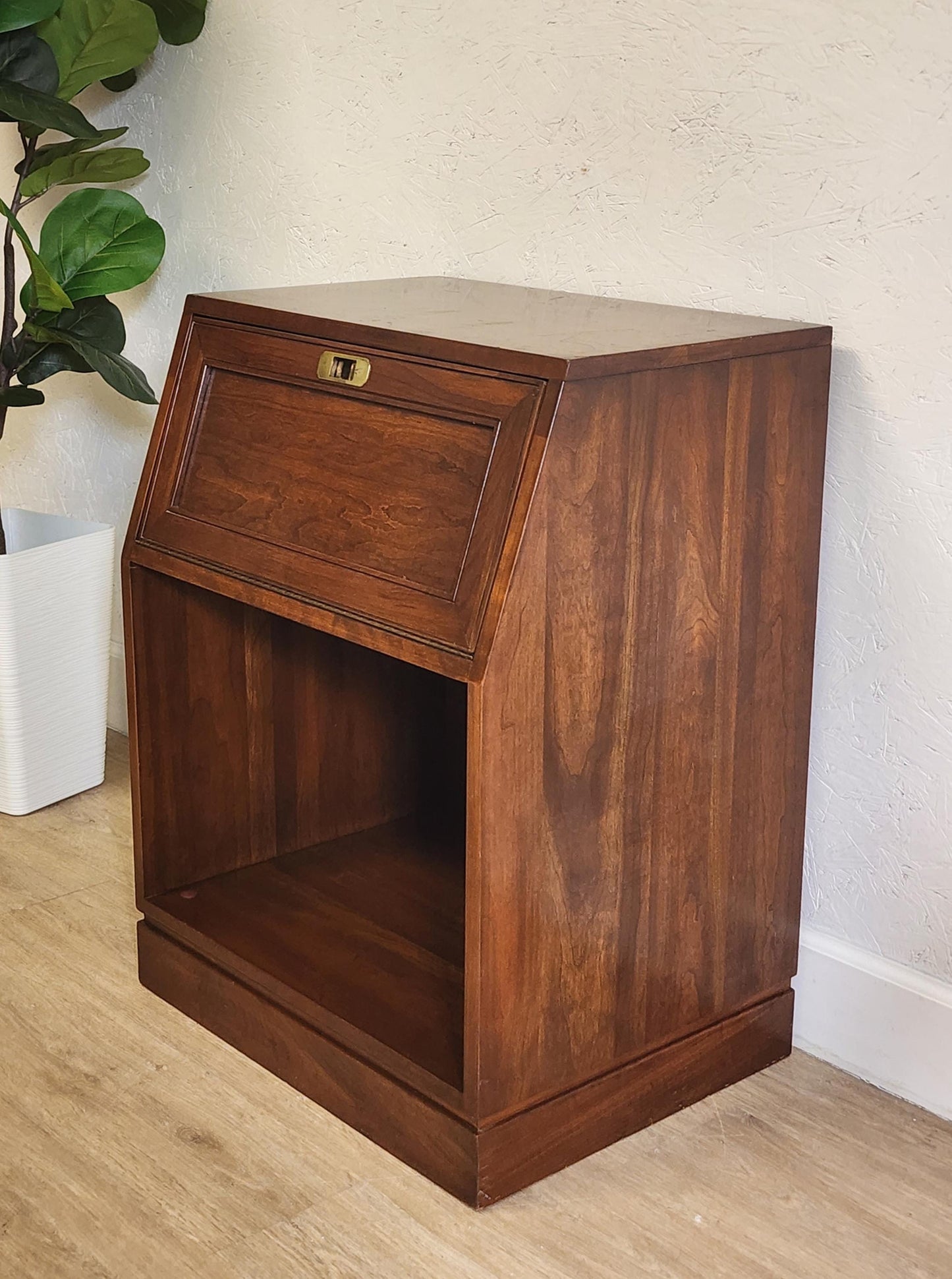 Ethan Allen Campaign Nightstand-Brass & Cherry Vintage Slant Front Campaign Storage End Table Night Stand-27-5116