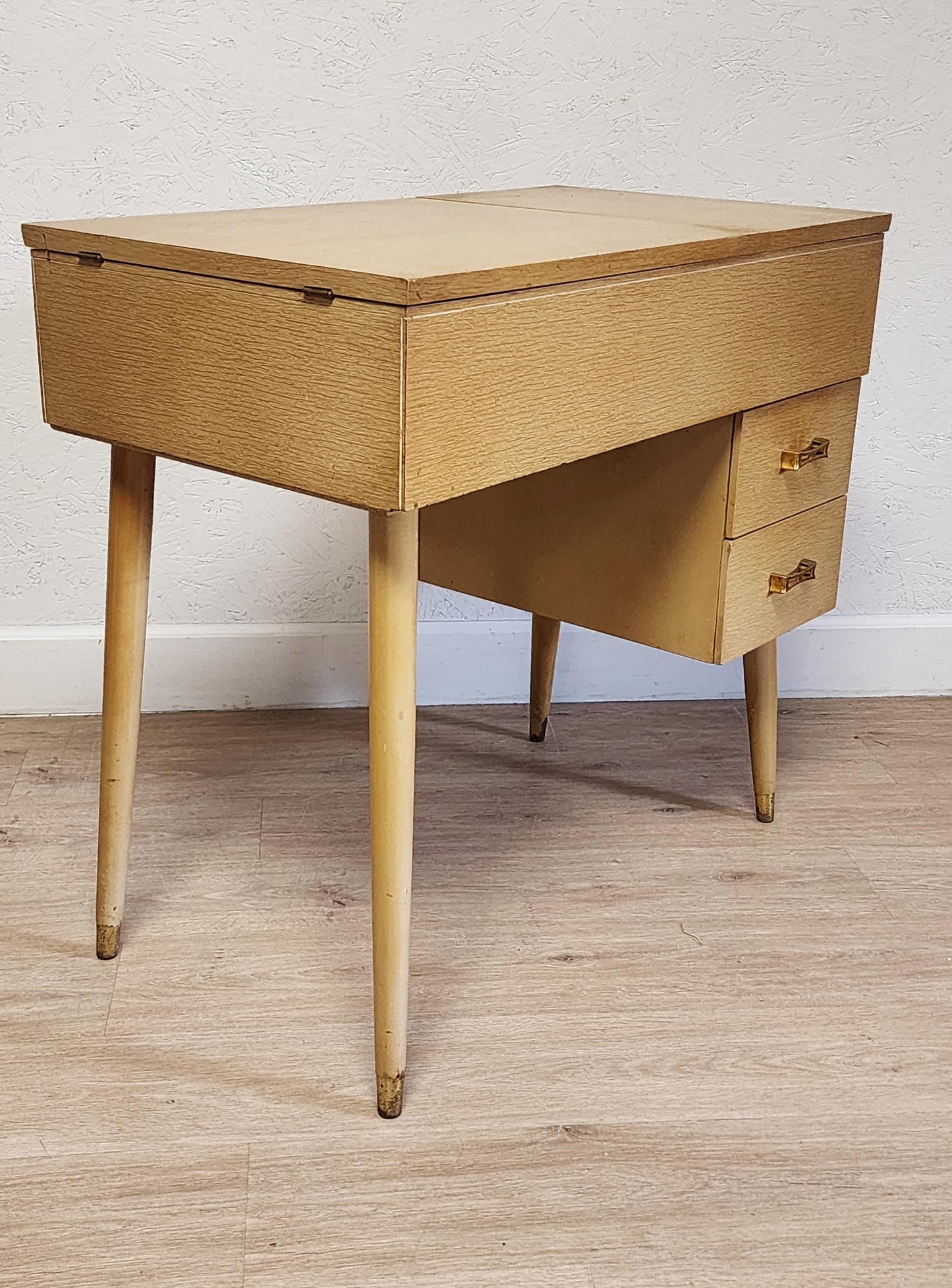 Blonde MCM Sewing Machine Cabinet Only-Yellow Vintage Flip Top Vanity Sewing Craft Bar Table