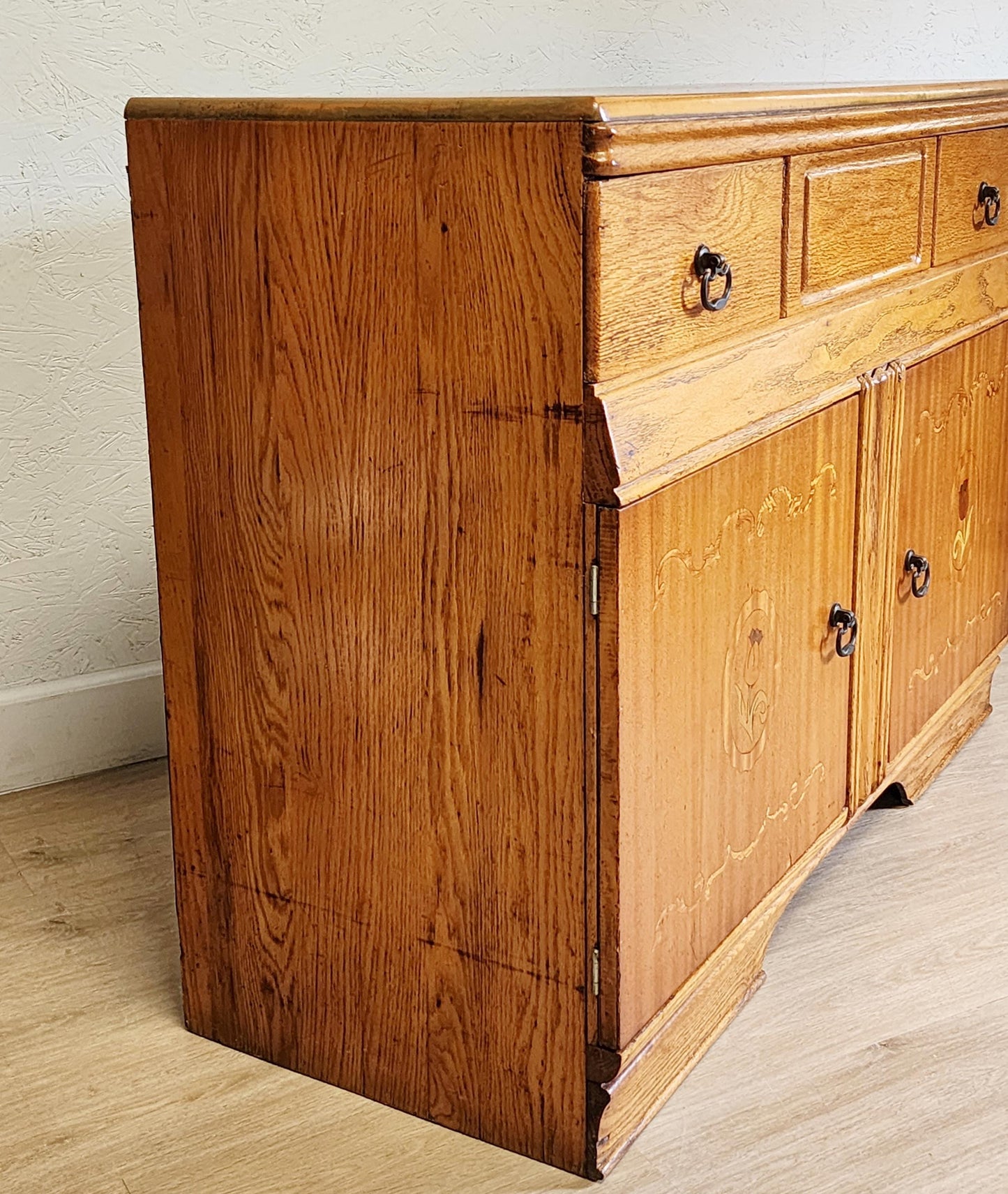 Antique Farmhouse Tulip Server Cabinet | Meier & Pohlmann Inlaid Wood Primitive Style Buffet Sideboard Linen Cabinet