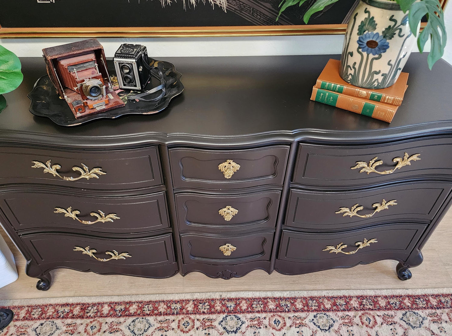 BASSETT French Provincial BLACK Dresser, Buffet, Ornate Solid Wood Refinished 9 Drawer Curvy Console