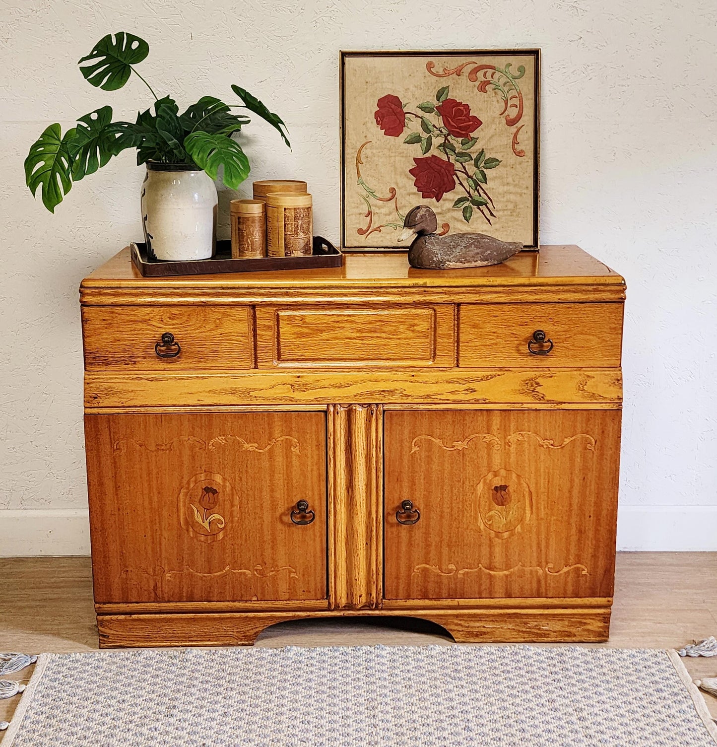 Antique Farmhouse Tulip Server Cabinet | Meier & Pohlmann Inlaid Wood Primitive Style Buffet Sideboard Linen Cabinet