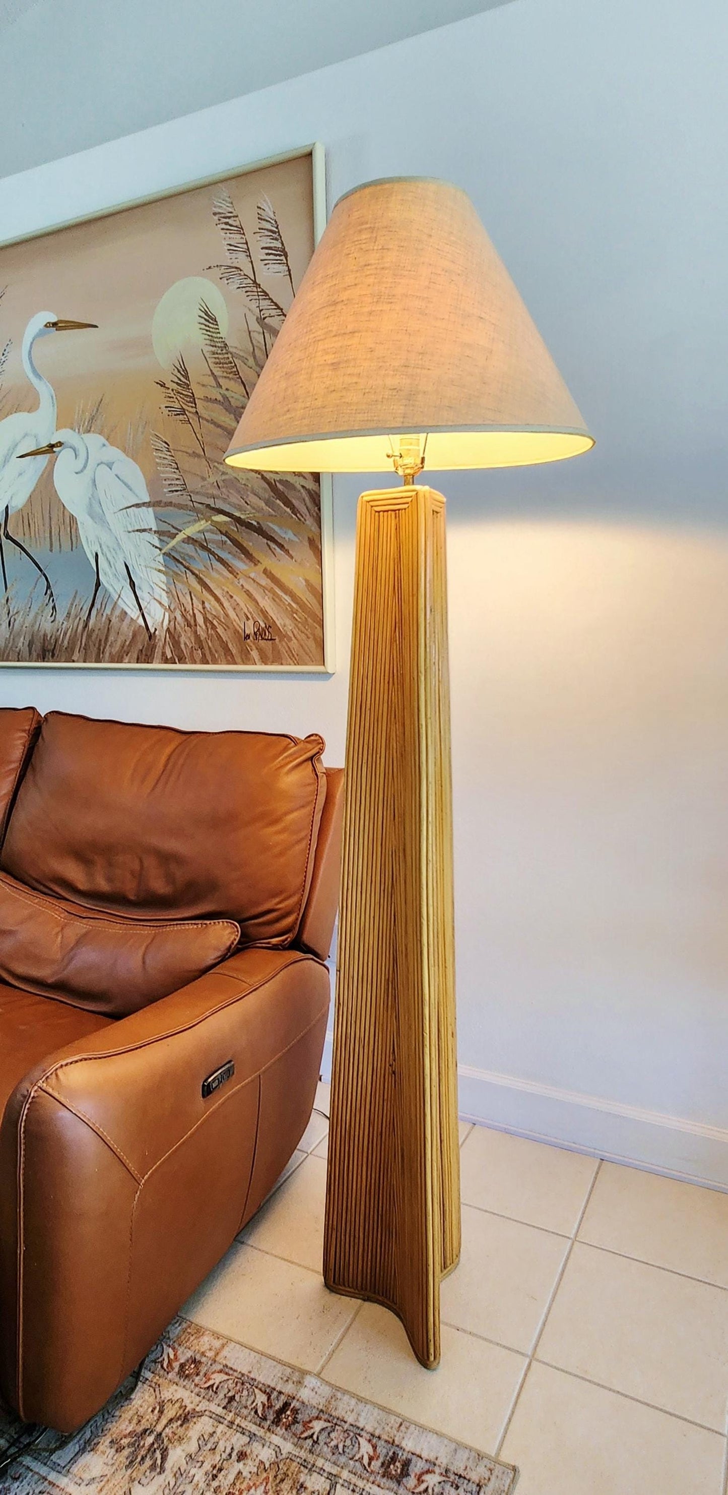 Coastal Tall Palm Beach Vintage Pencil Reed Sculptural Floor Lamp | Rattan MCM Tall Pyramid Lamp