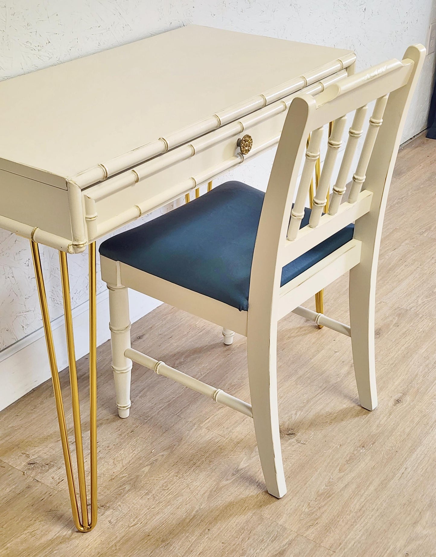 Dixie Aloha Writing Desk, Upcycled Dixie Faux Bamboo & Gold Desk Chair Set, MCM Hairpin Bamboo Console Desk, Hollywood Regency Vanity Desk