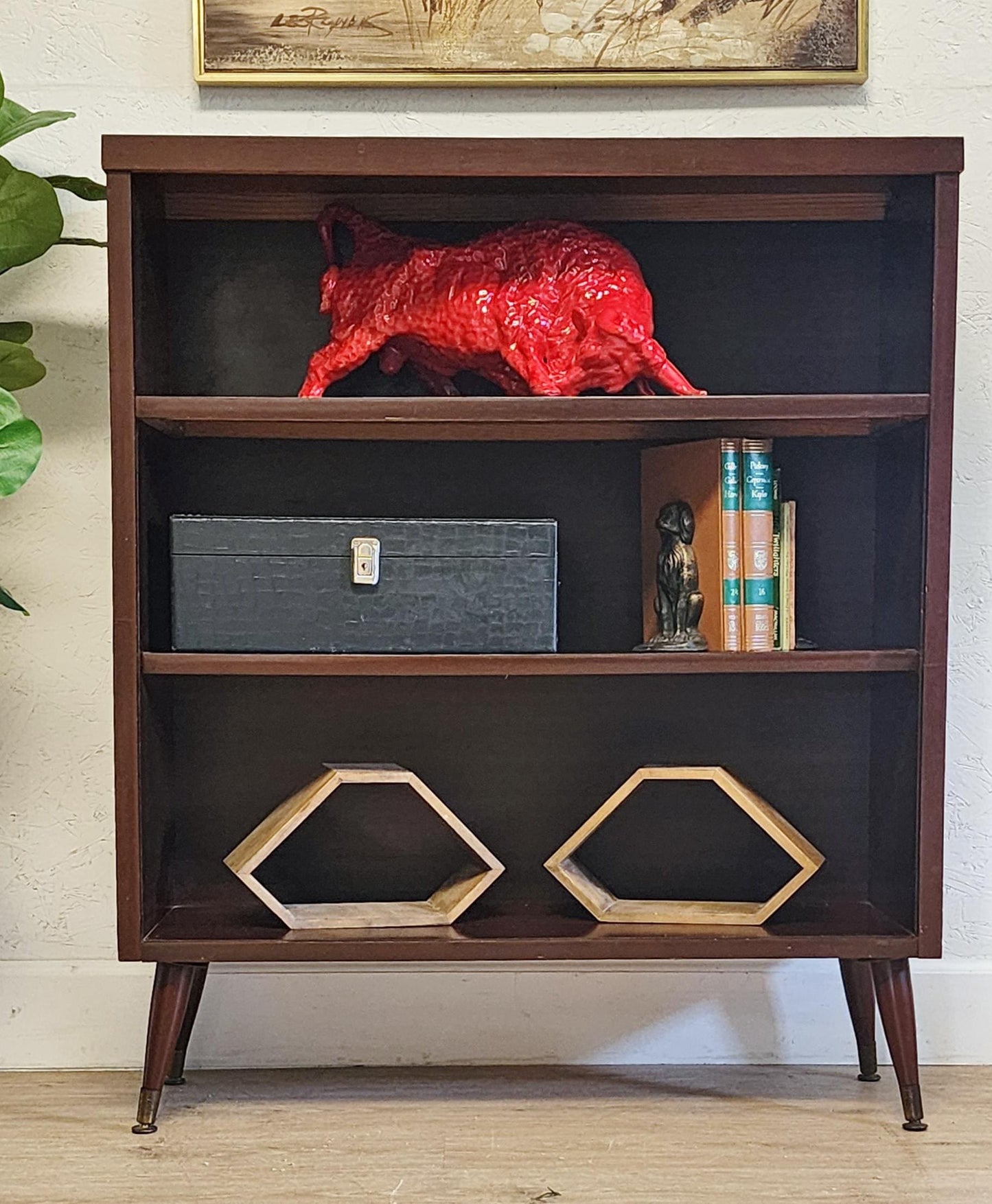 MCM Atomic Floor Shelf | Taper Leg Glass Door Vintage Display Shelf | Retro Bookshelf Cabinet